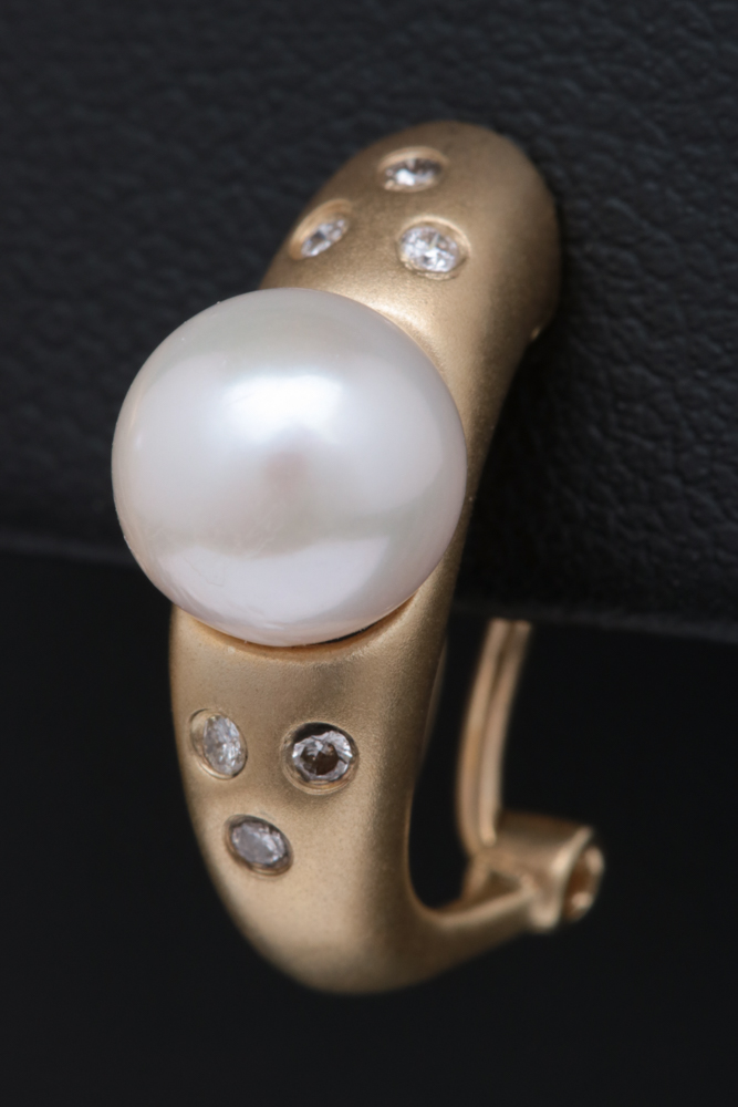 14K Yellow Gold, Freshwater Pearl and Diamond Half-Hoop Earrings