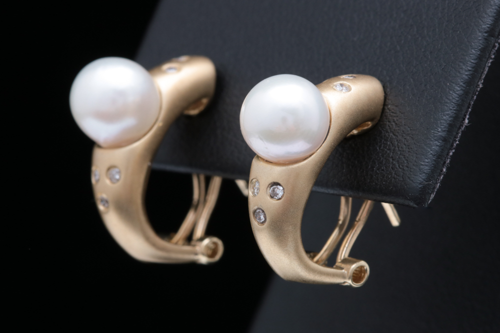 14K Yellow Gold, Freshwater Pearl and Diamond Half-Hoop Earrings
