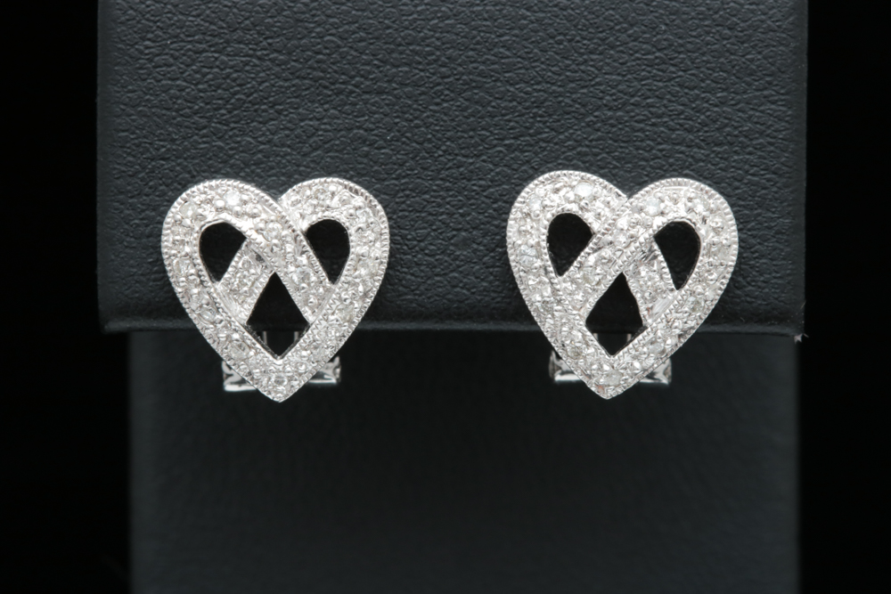 14K White Gold and Diamond Heart Earrings