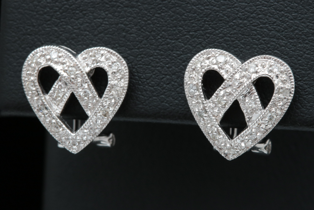 14K White Gold and Diamond Heart Earrings