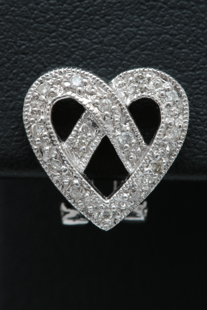 14K White Gold and Diamond Heart Earrings