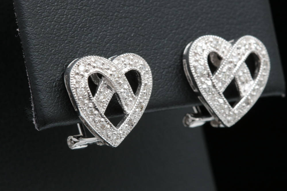 14K White Gold and Diamond Heart Earrings