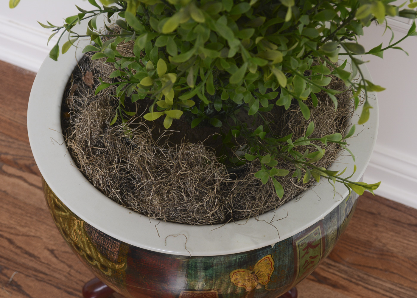 Chinese-Style Jardiniere on Stand With Artificial Tree
