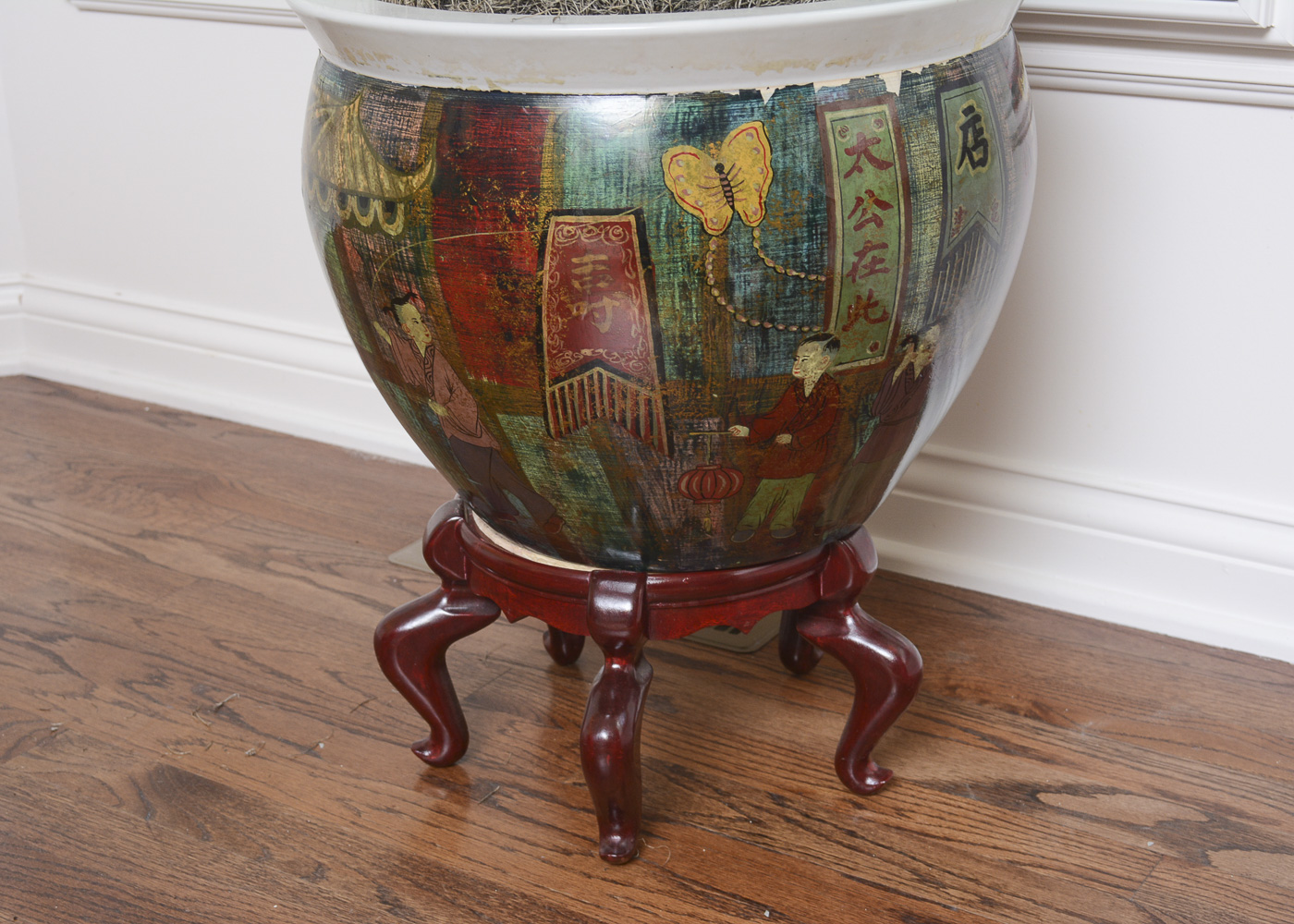 Chinese-Style Jardiniere on Stand With Artificial Tree