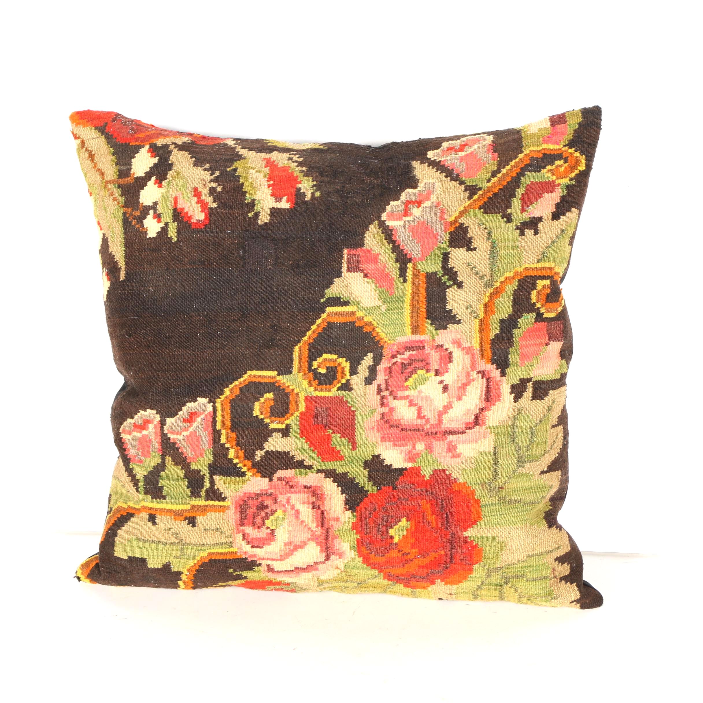 Handwoven Turkish Floral Needlepoint Throw Pillow