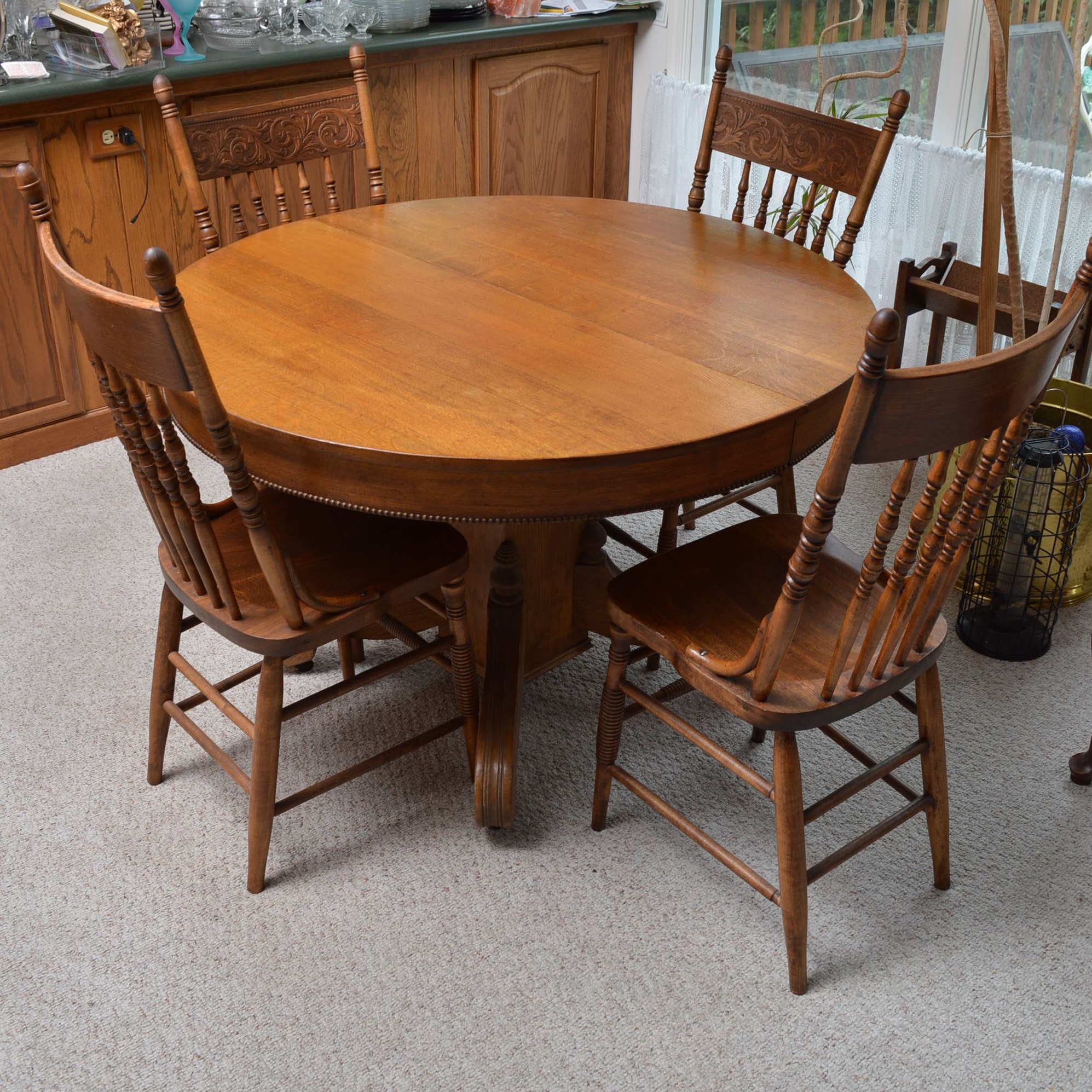 Oak Pedestal Dining Table with Chairs