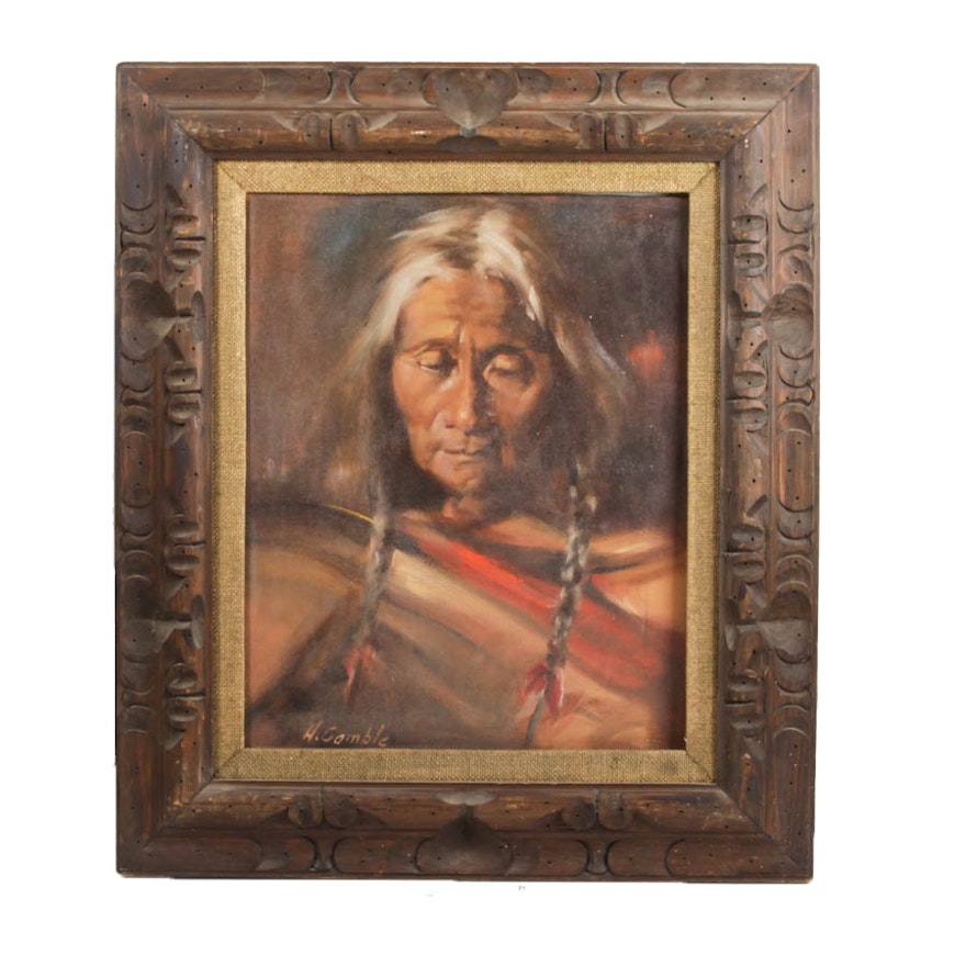 H. Gamble Native American Portrait Oil Painting on Canvas