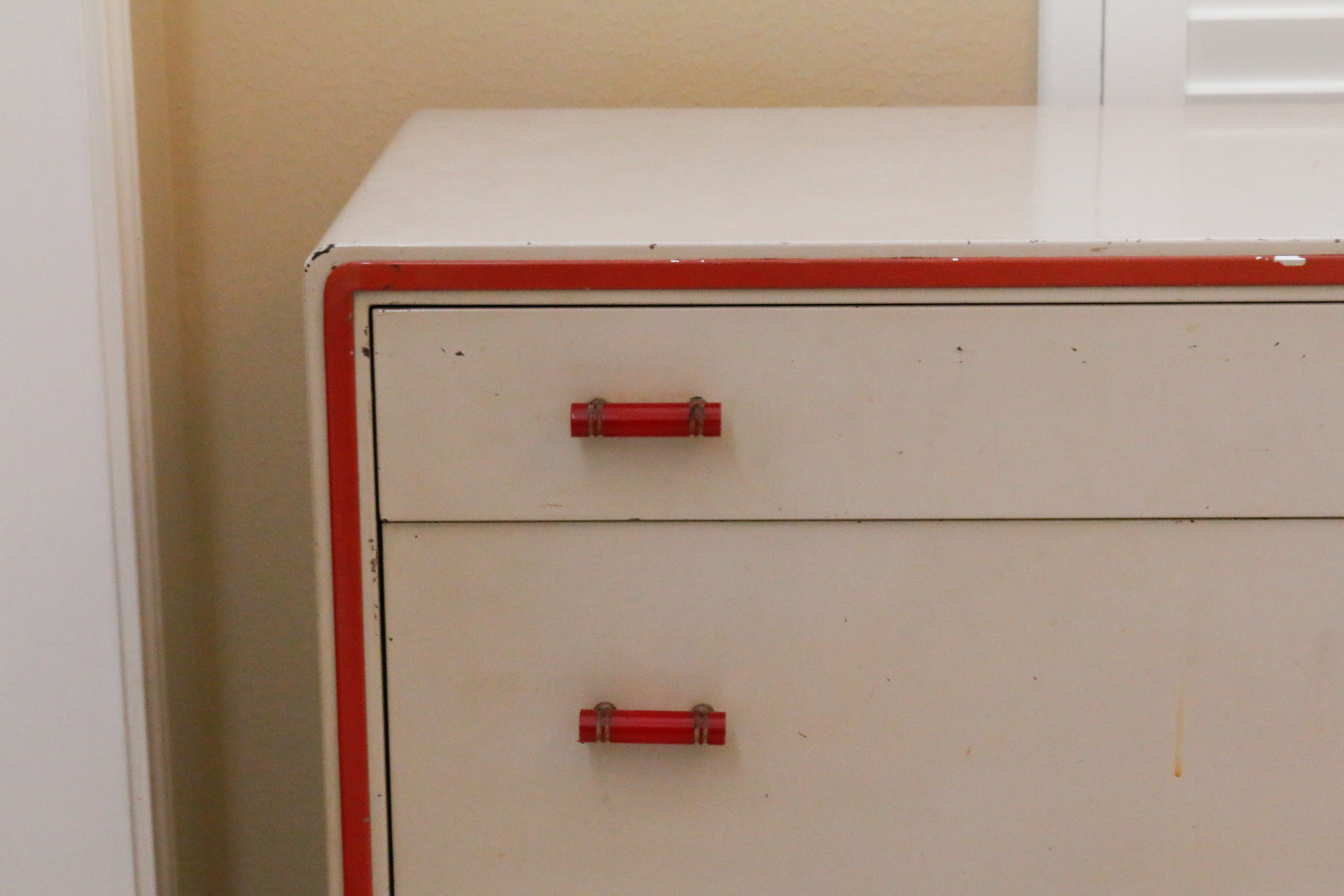 Norman Bel Geddes For Simmons Enameled Steel Chest with Bakelite Pulls