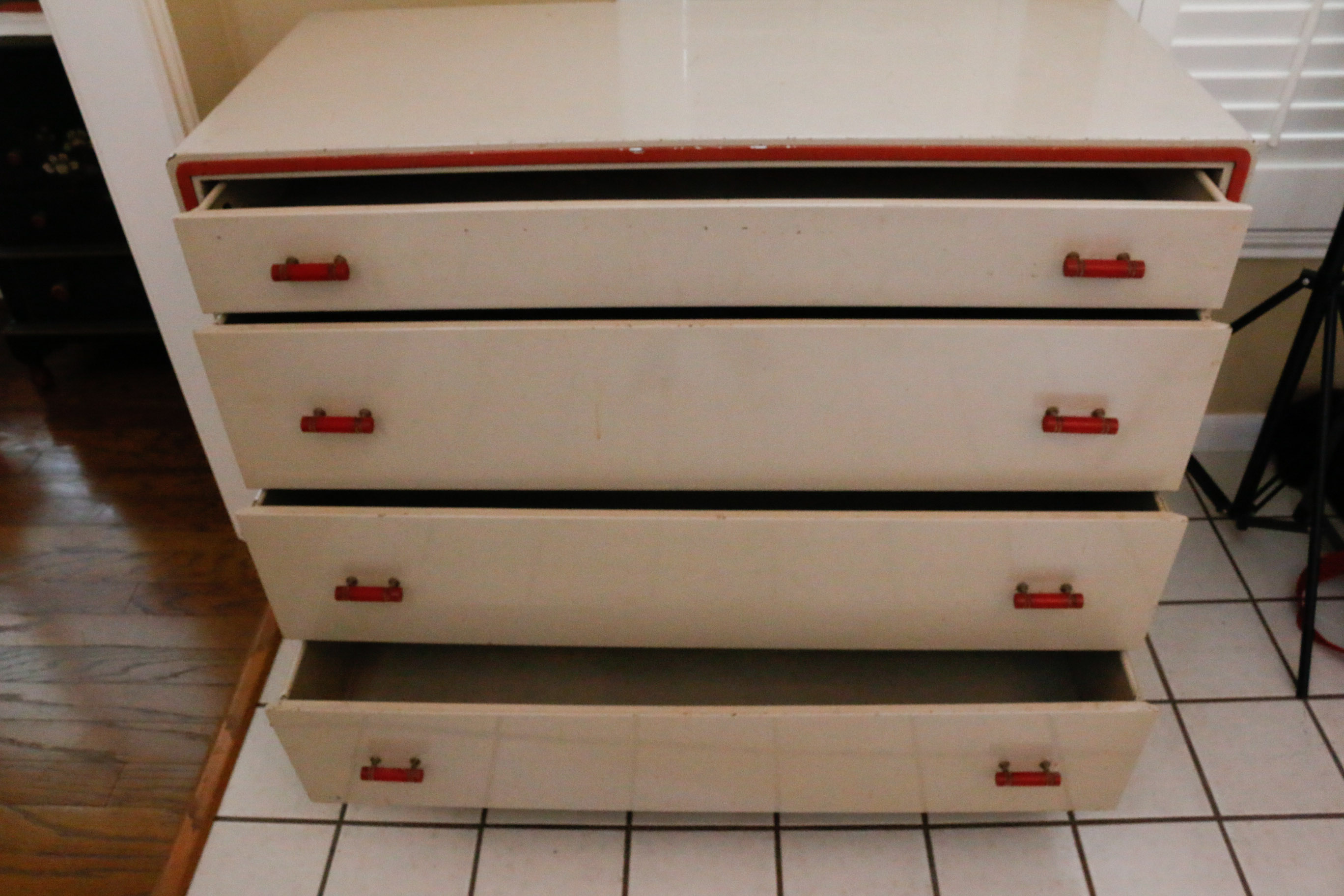 Norman Bel Geddes For Simmons Enameled Steel Chest with Bakelite Pulls