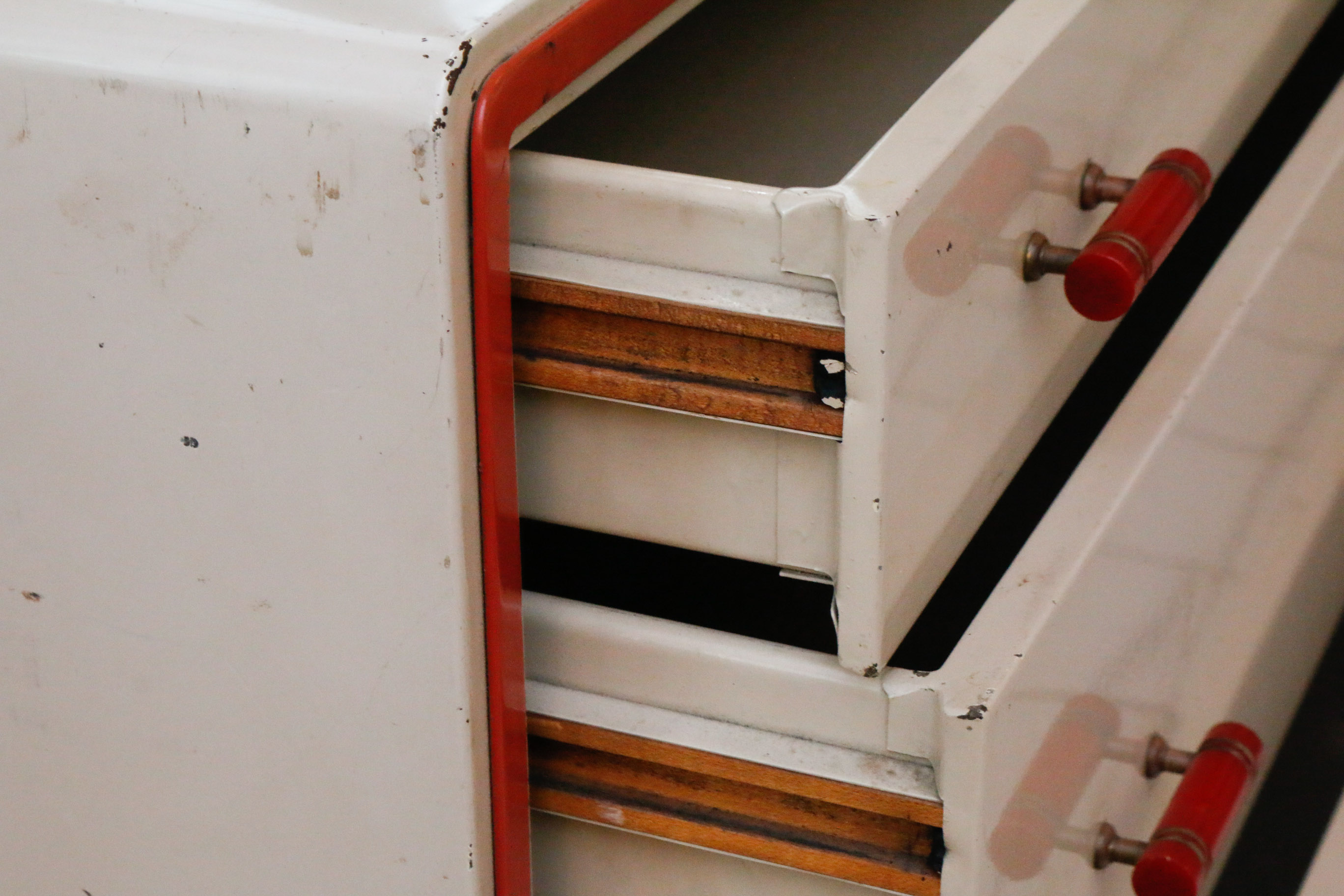 Norman Bel Geddes For Simmons Enameled Steel Chest with Bakelite Pulls