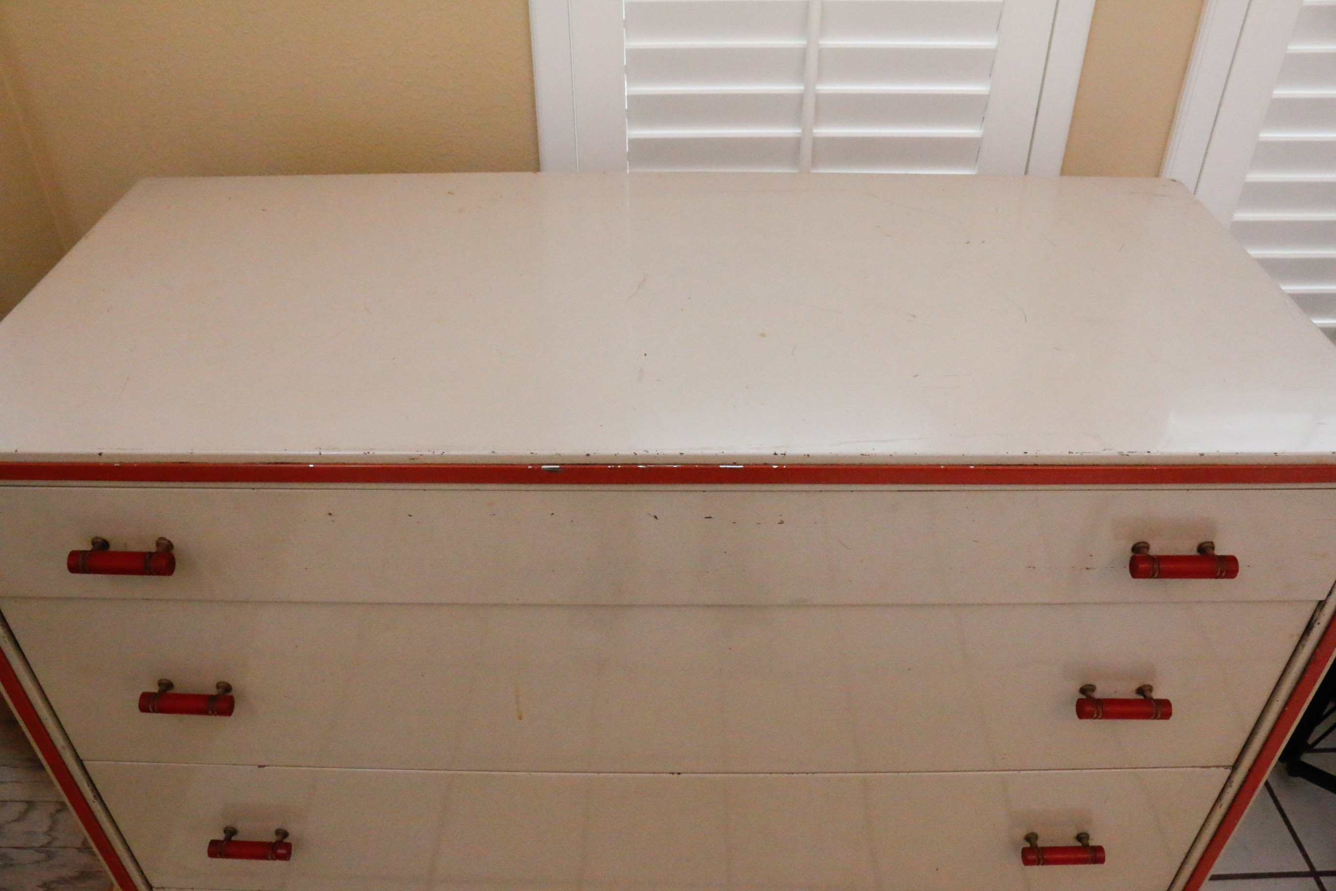 Norman Bel Geddes For Simmons Enameled Steel Chest with Bakelite Pulls