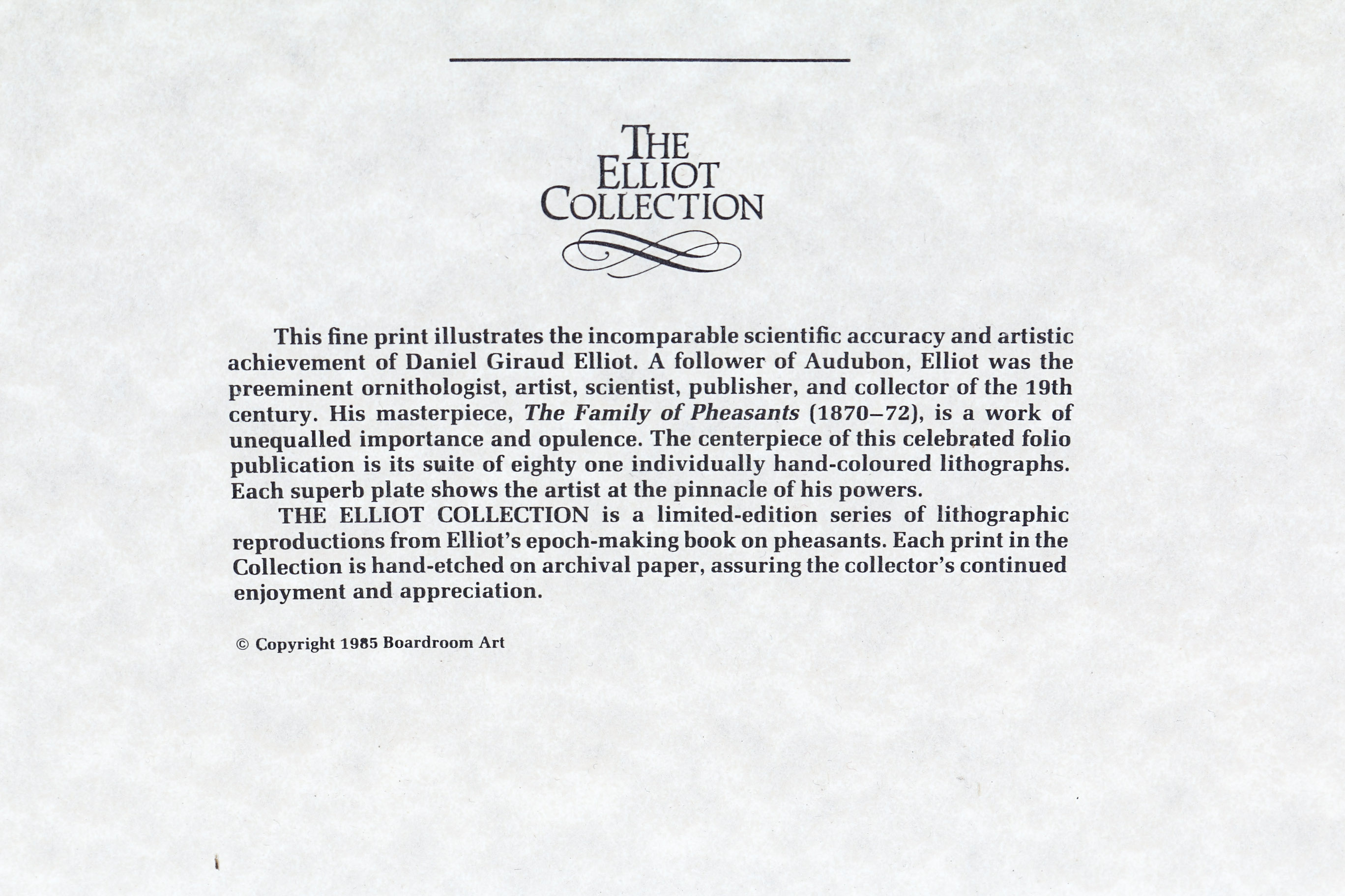 Daniel Giraud Elliot Limited Edition Lithograph "Phasianus Versicolor"