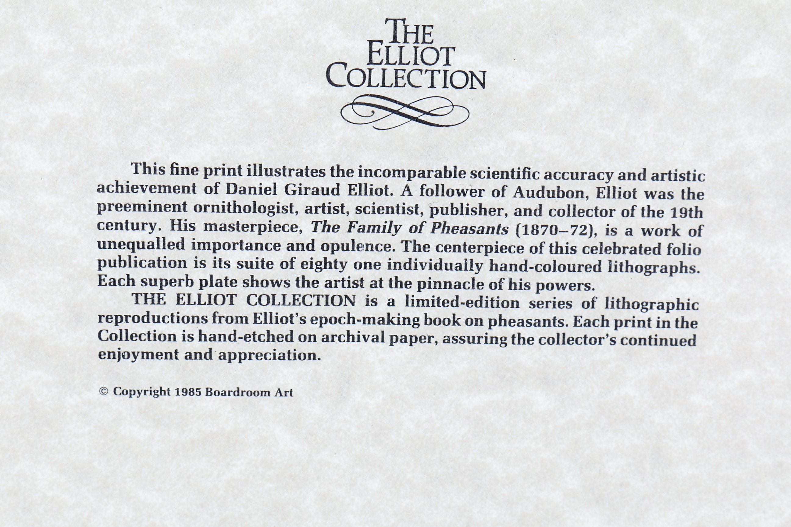 Daniel Giraud Elliot Limited Edition Lithograph "Phasianus Decollatus"