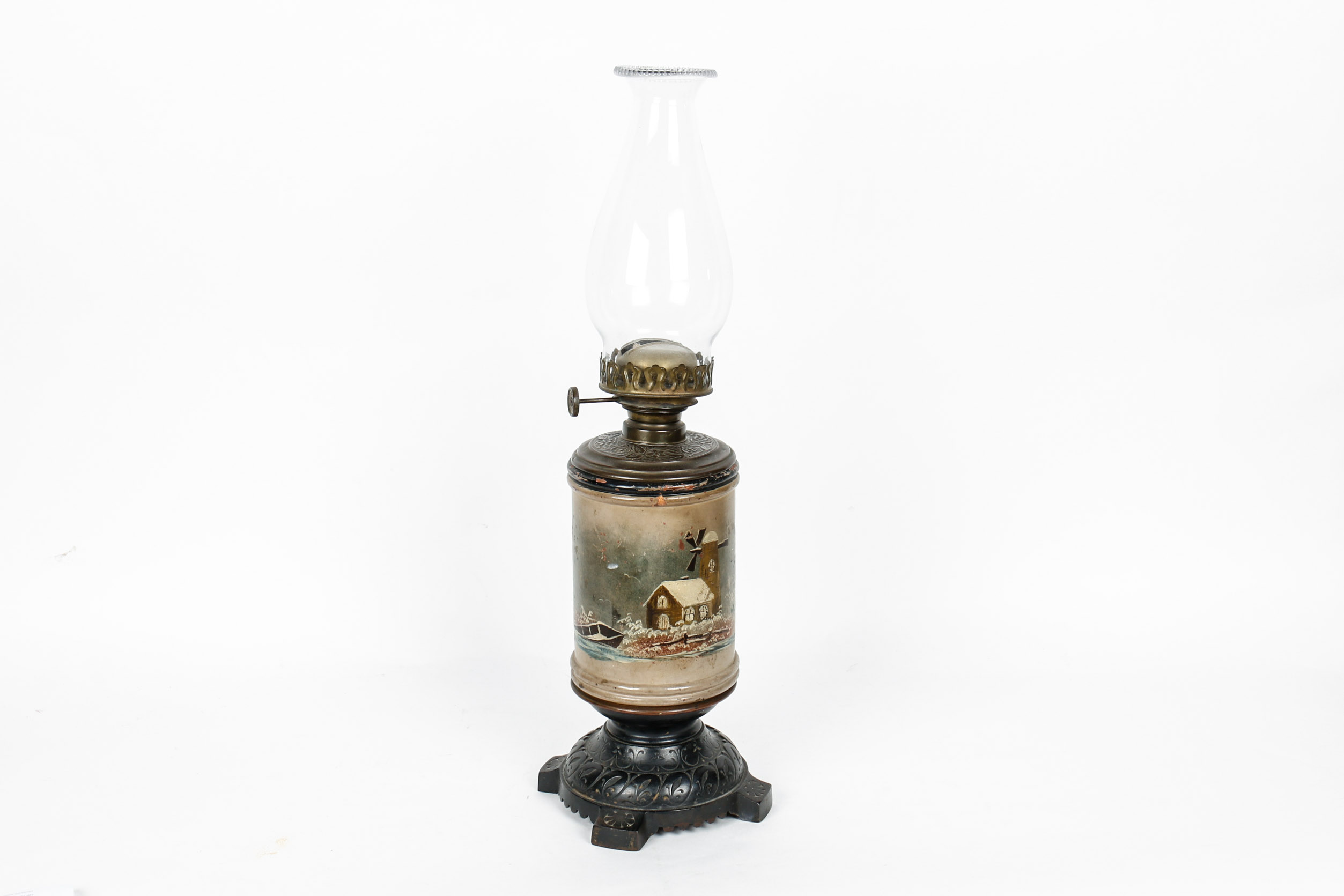Vintage Metal Oil Lamp with Hand Painted Dutch Scenes
