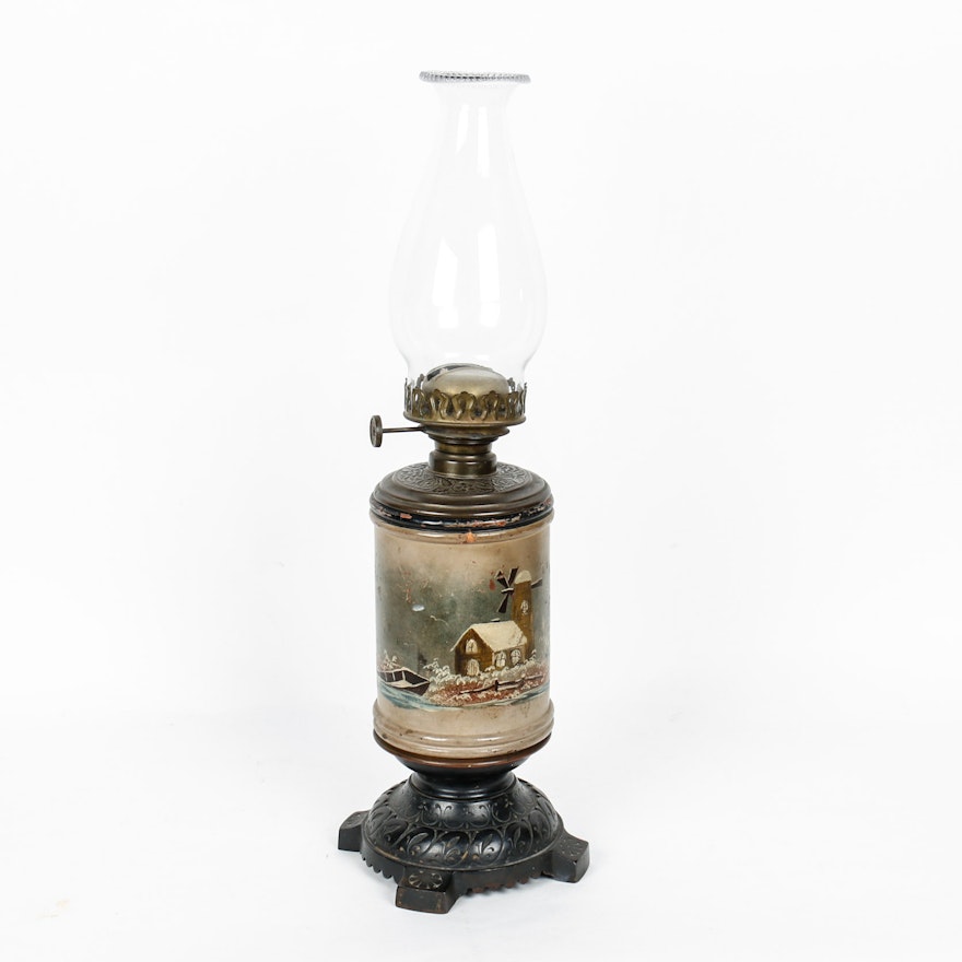 Vintage Metal Oil Lamp with Hand Painted Dutch Scenes
