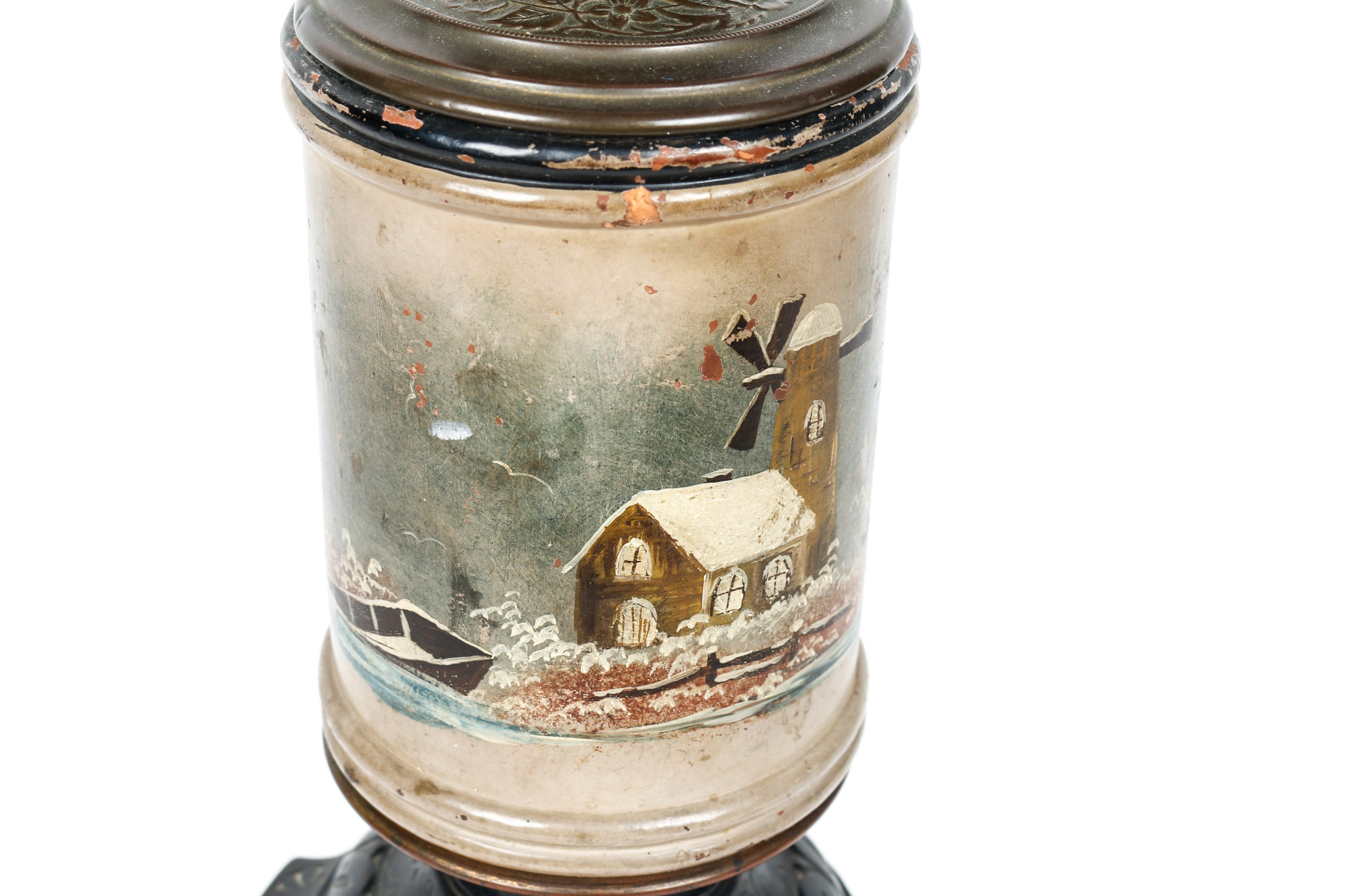 Vintage Metal Oil Lamp with Hand Painted Dutch Scenes