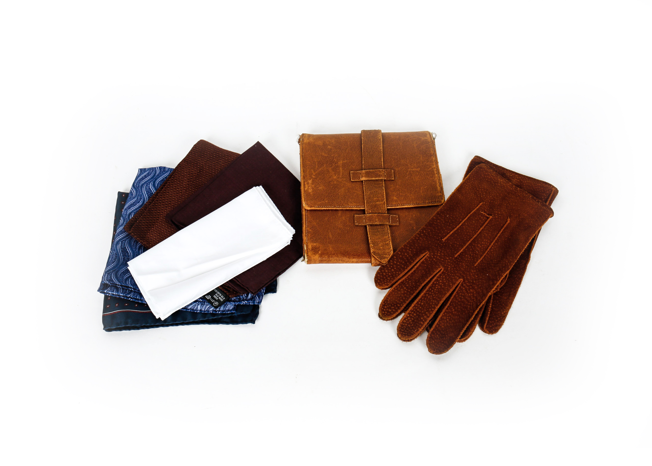 Vintage Leather Gloves, Pocket Squares, and Leather Case