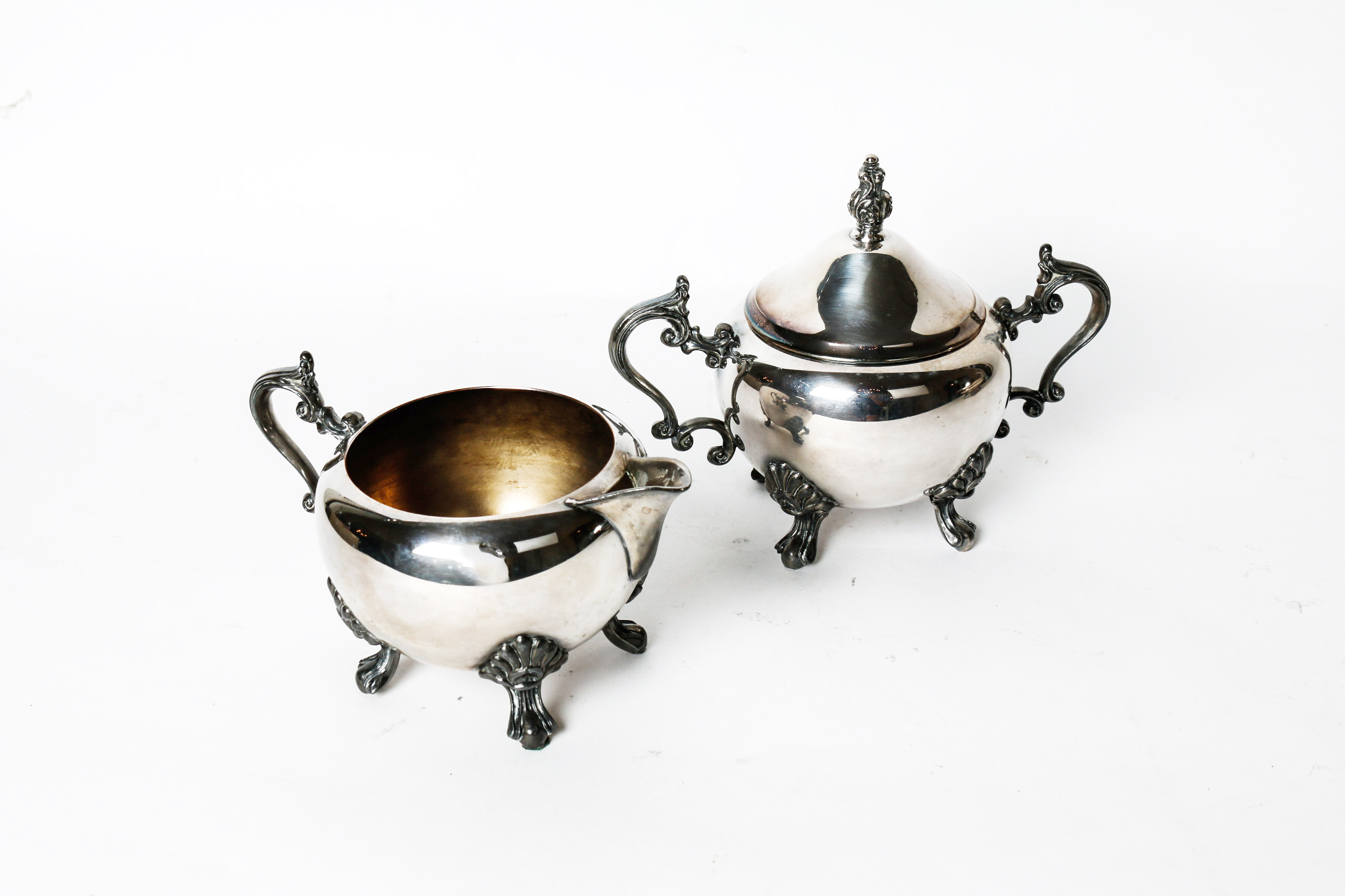 Plated Silver Sugar and Creamer With Bride's Basket