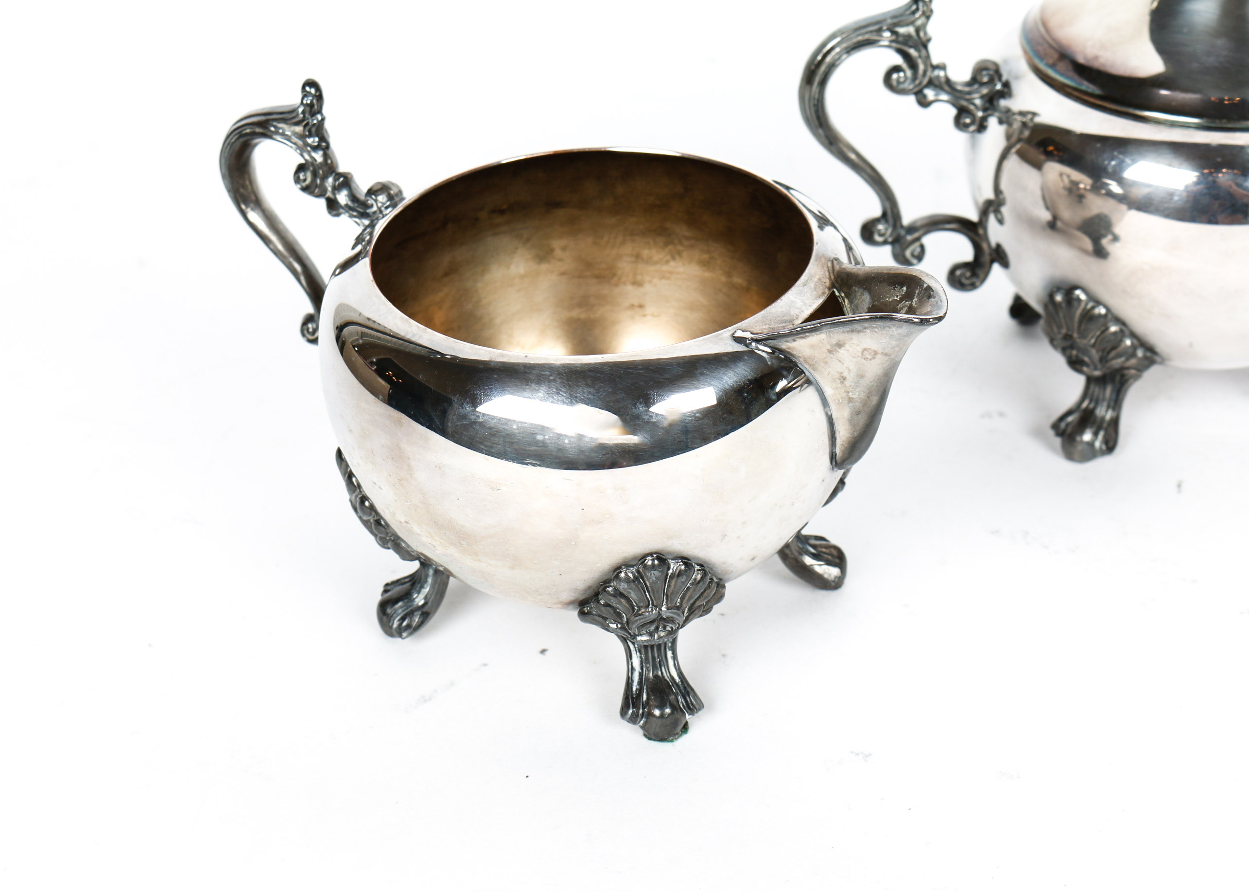 Plated Silver Sugar and Creamer With Bride's Basket