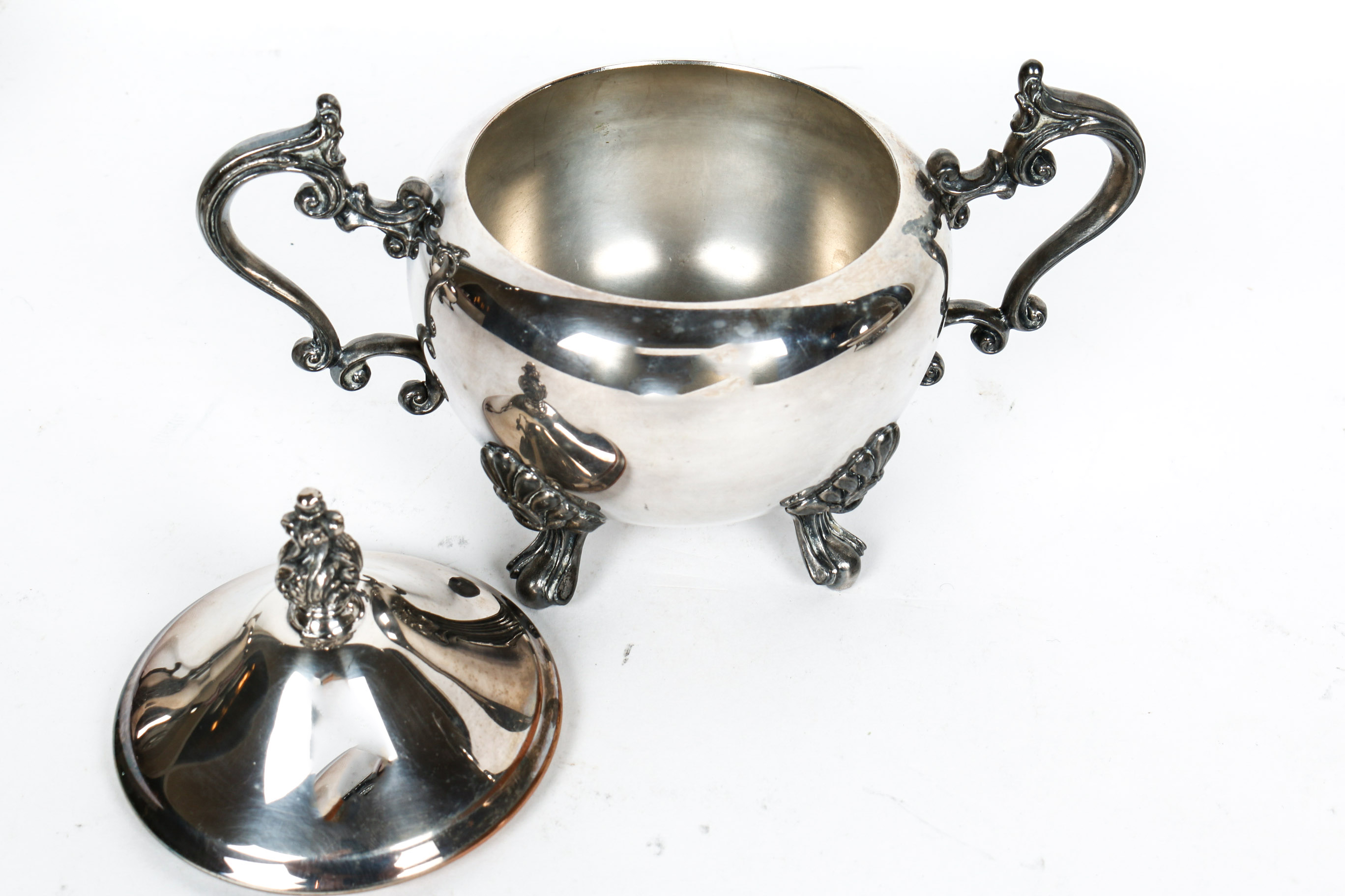 Plated Silver Sugar and Creamer With Bride's Basket