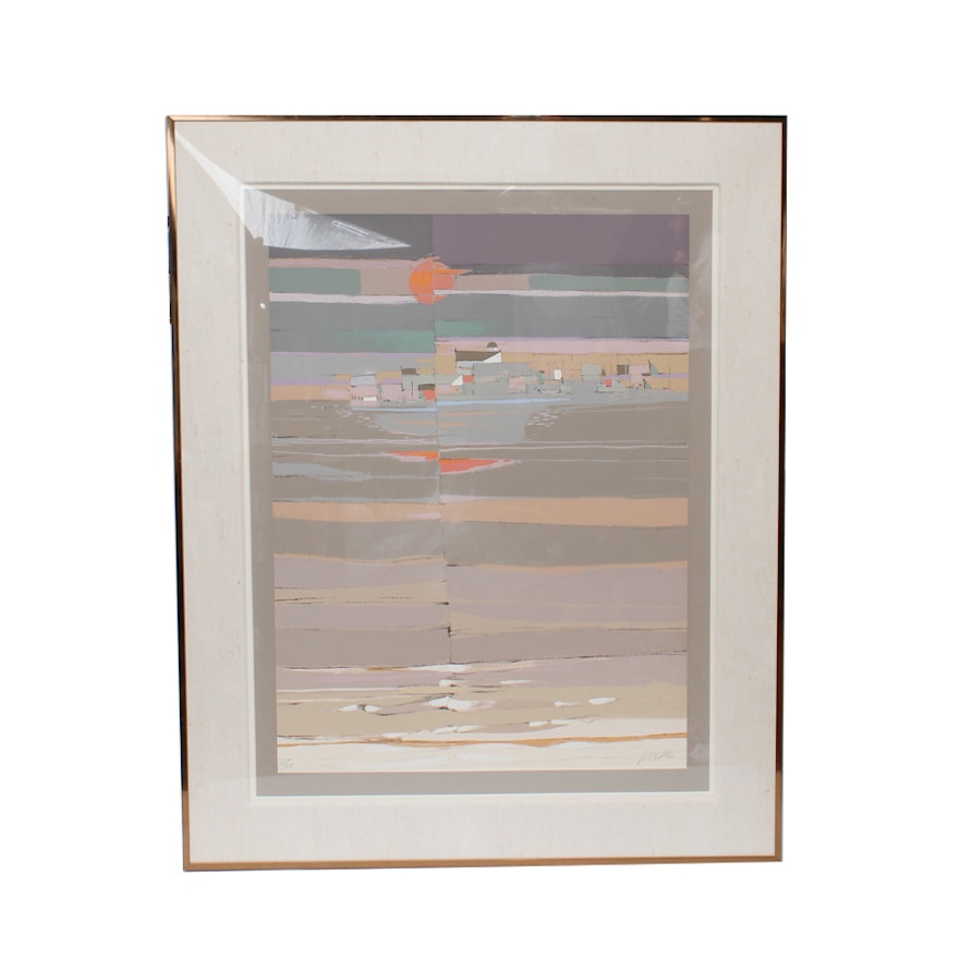 Signed Limited Edition Abstract Serigraph of a Coastal Scene