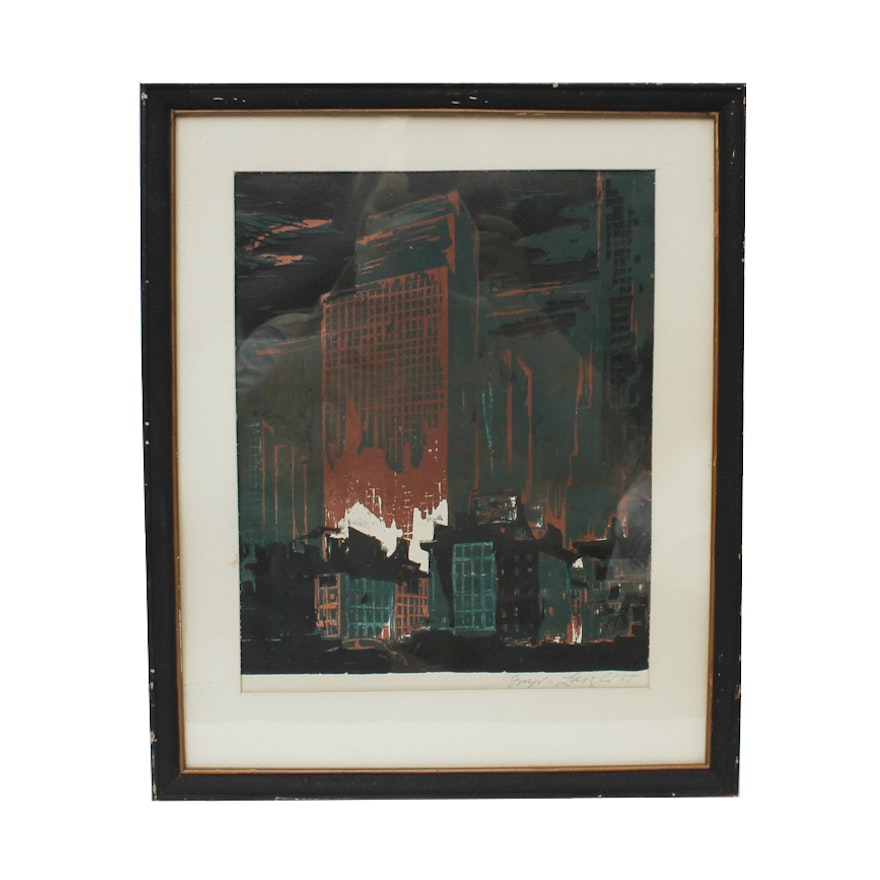 Original Hand Colored Cityscape Engraving by Laszlo 1955