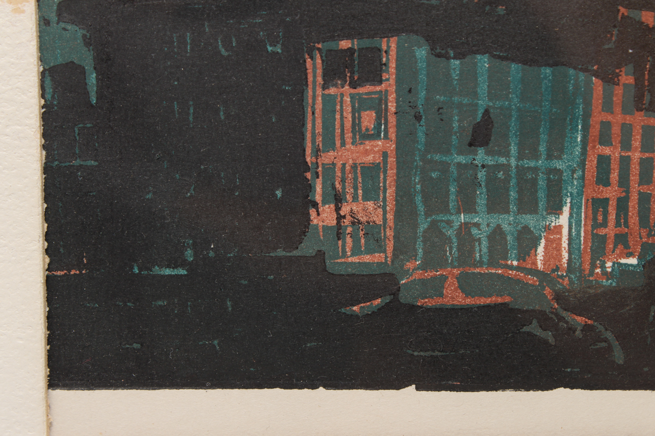 Original Hand Colored Cityscape Engraving by Laszlo 1955
