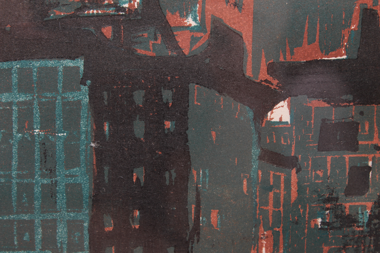 Original Hand Colored Cityscape Engraving by Laszlo 1955