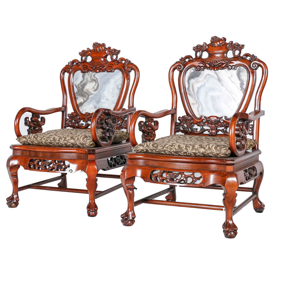 Mahogany Wood Chairs with Marble Backing