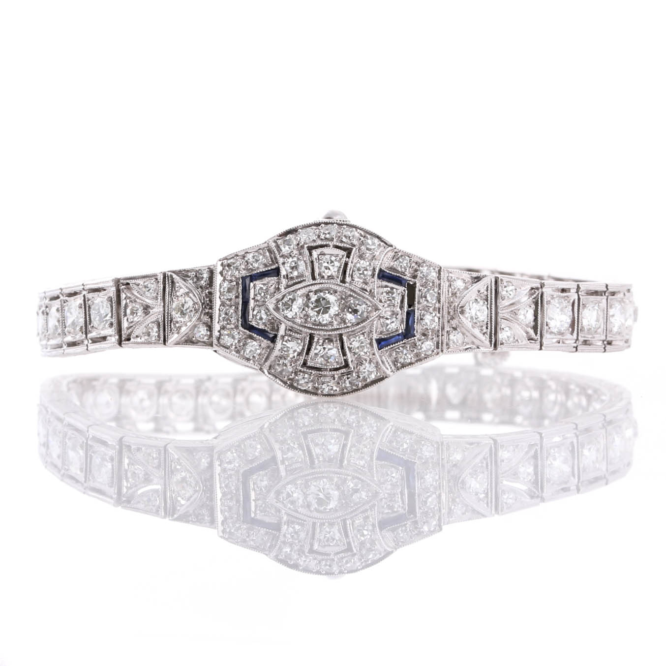 Art Deco Seeland Platinum 2.50 CTW Diamond and Synthetic Sapphire Watch