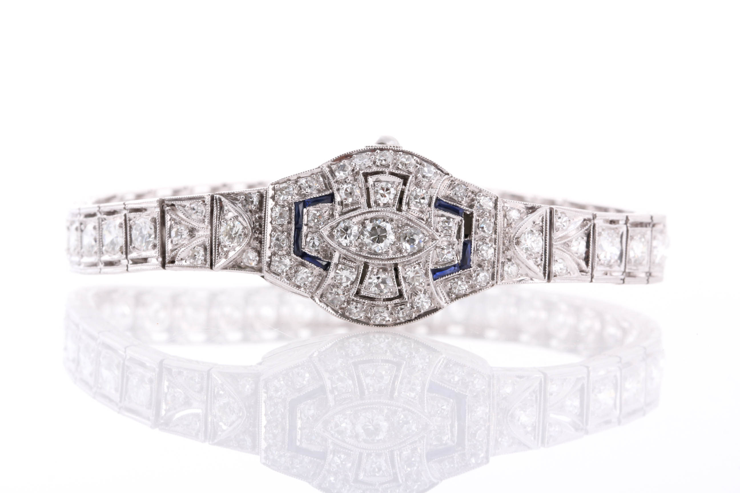 Art Deco Seeland Platinum 2.50 CTW Diamond and Synthetic Sapphire Watch