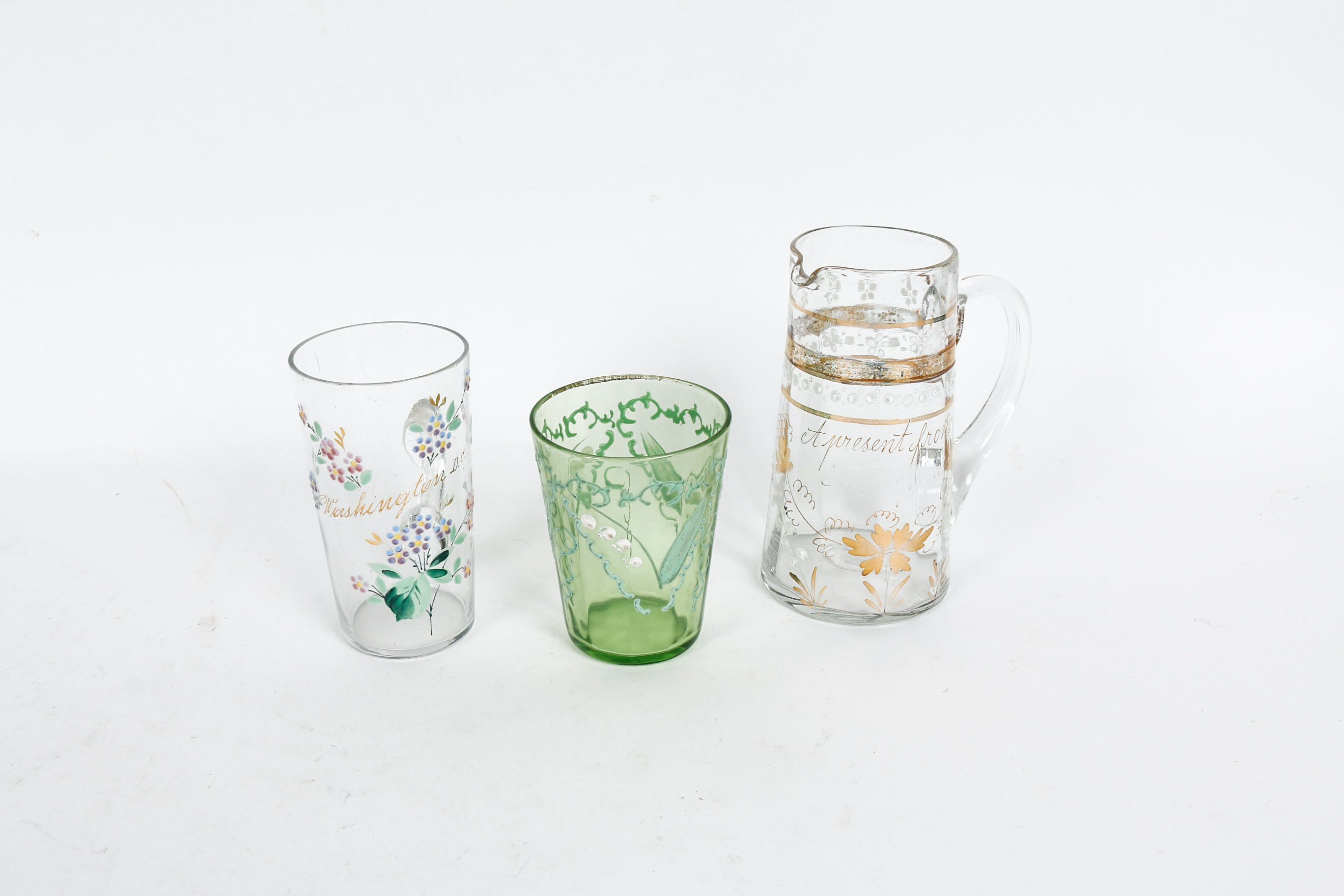 Group of Three Victorian Hand Enameled Glassware Pieces