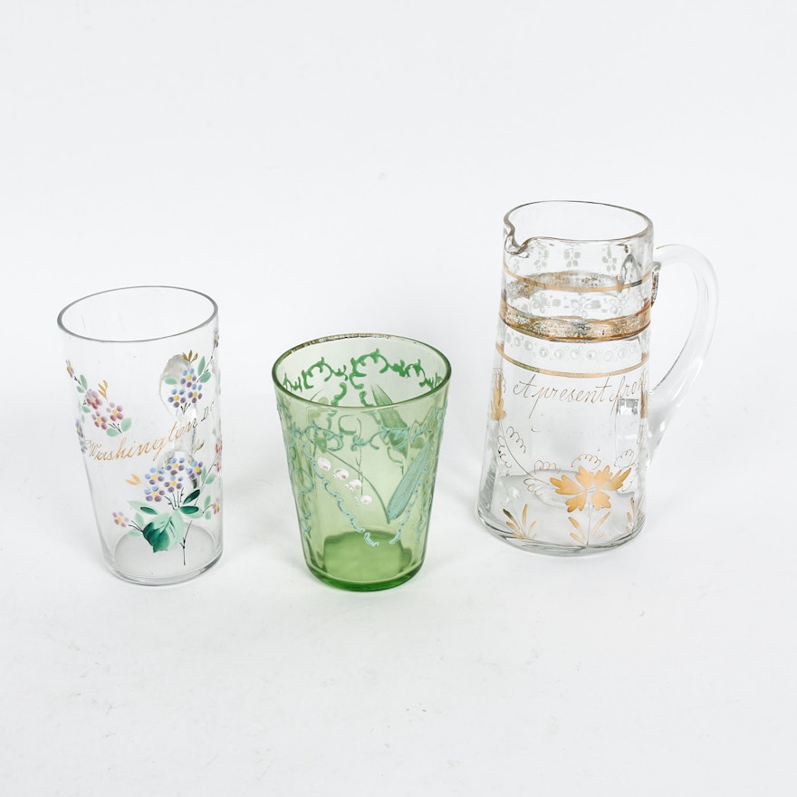 Group of Three Victorian Hand Enameled Glassware Pieces