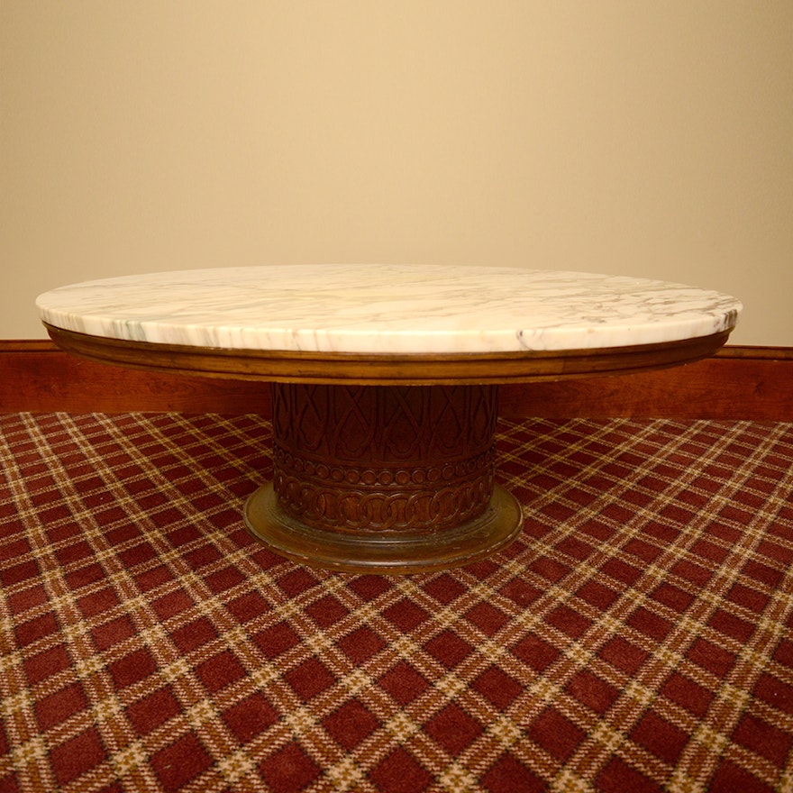 Round Marble Top Coffee Table on Carved Pedestal