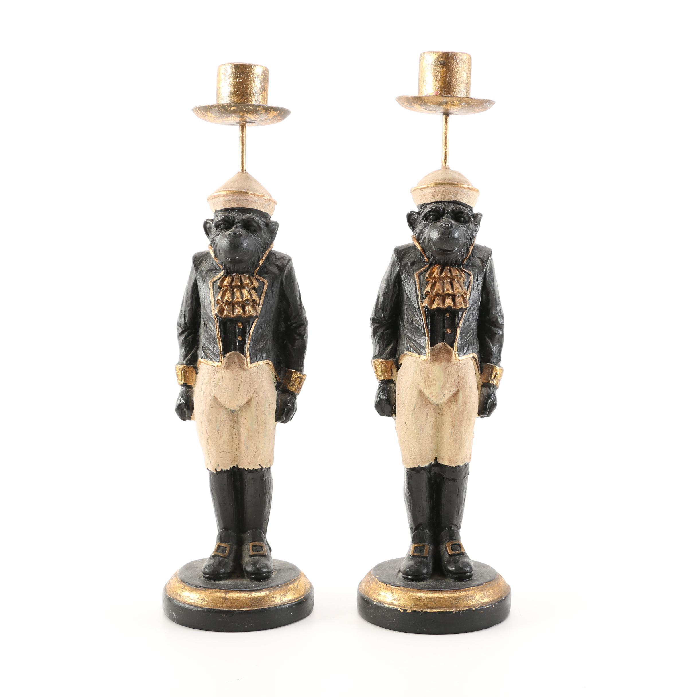 Chimpanzee Wood Carved Candlestick Holders