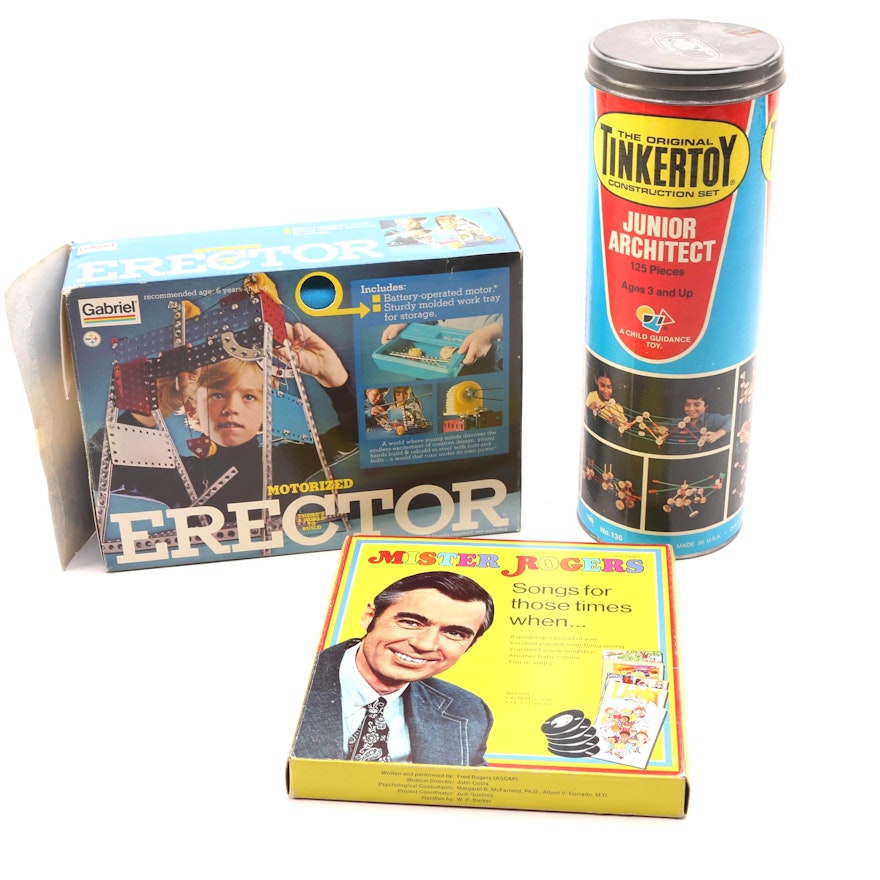 Gabriel Erector Set, Tinkertoys and Mister Rogers 45 rpm Records