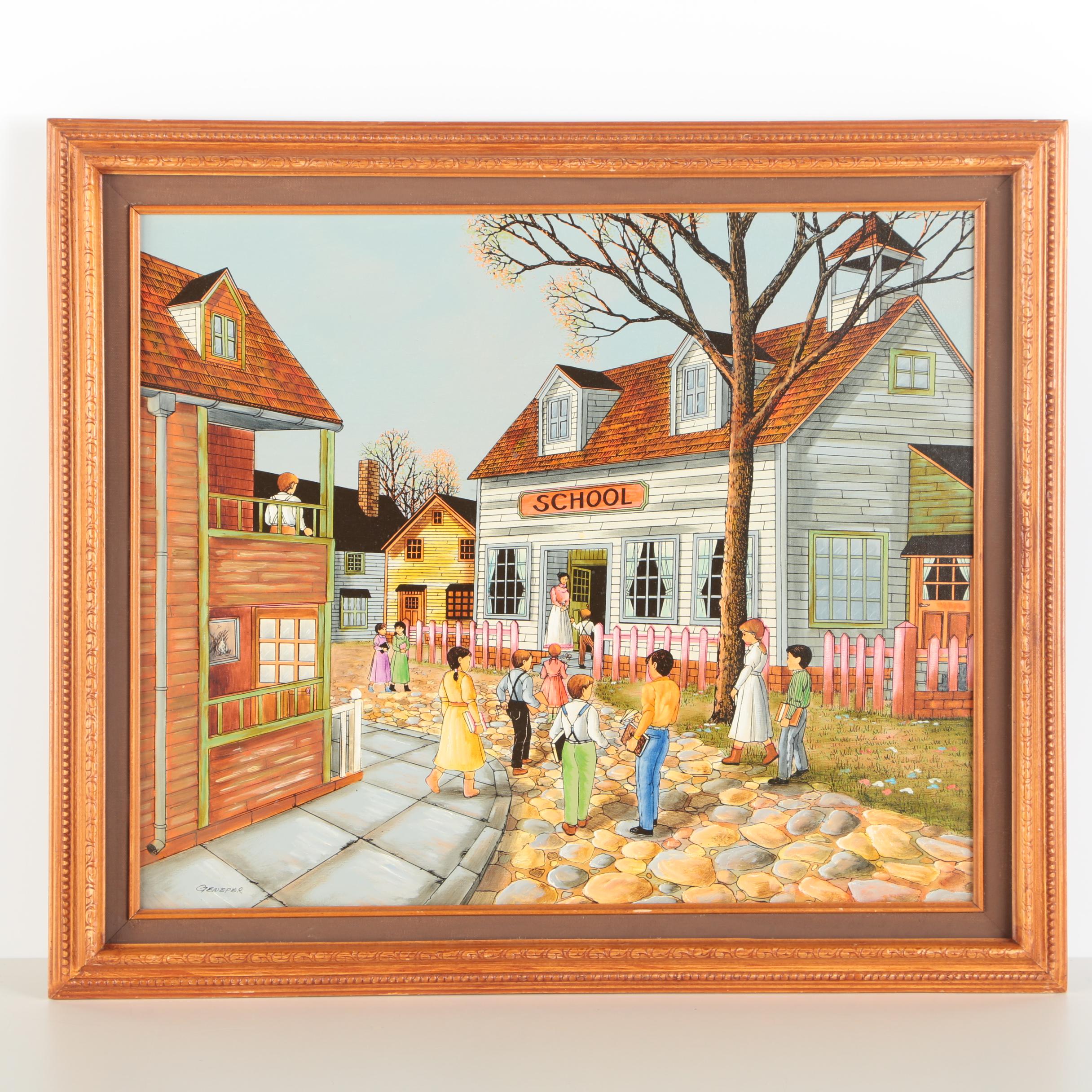 Embellished Serigraph On Canvas "One Room School House"