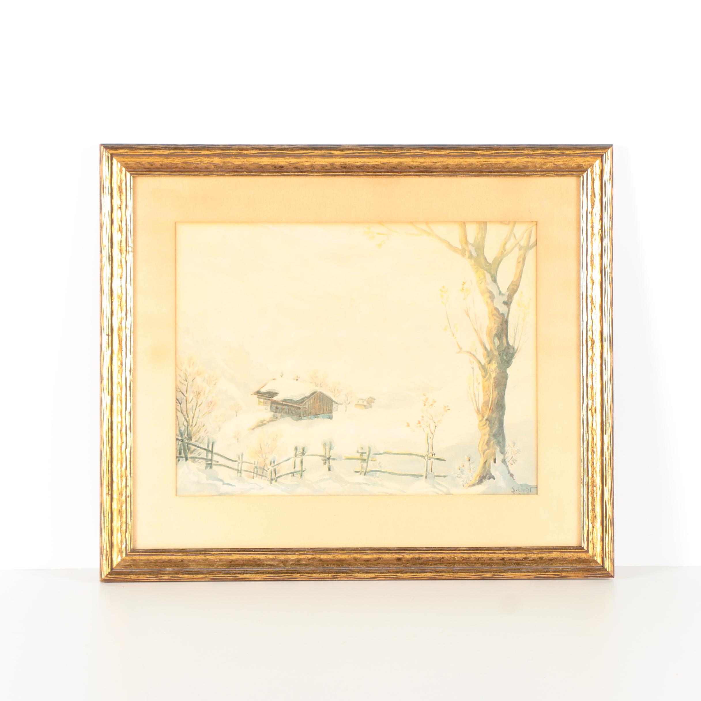 S. Geist Watercolor Painting on Paper of Winter Landscape