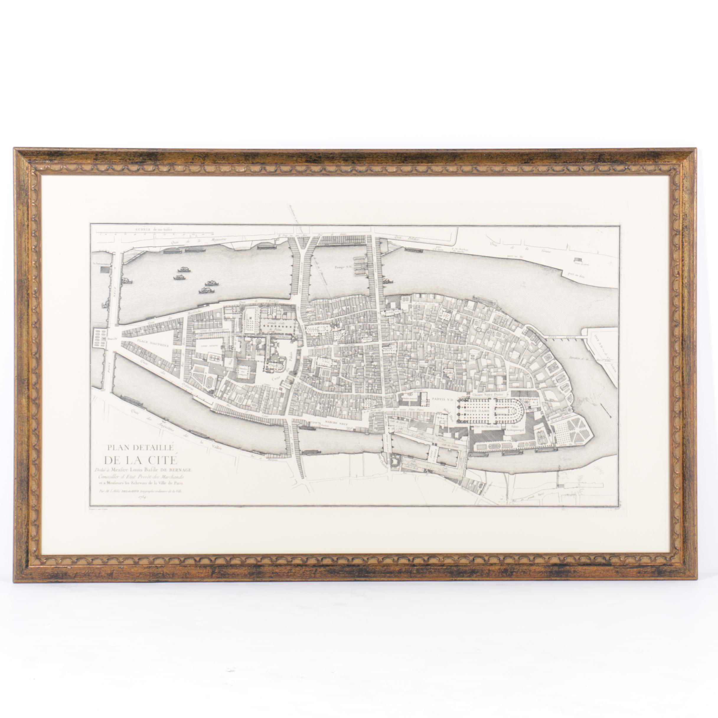 Restrike Engraving of Delagrive's 1754 Map of the Île de la Cité