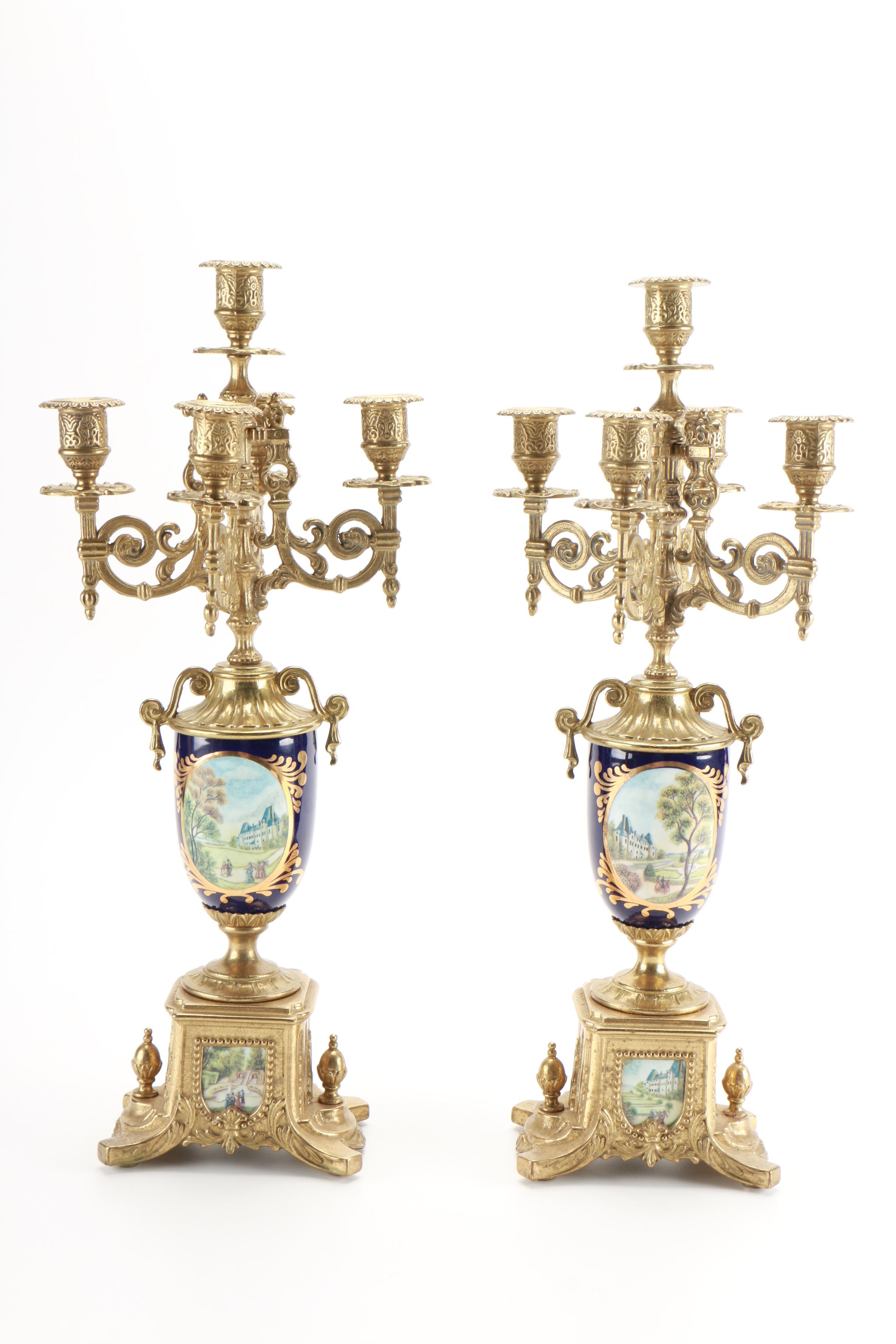 Italian Brass and Porcelain Candelabras