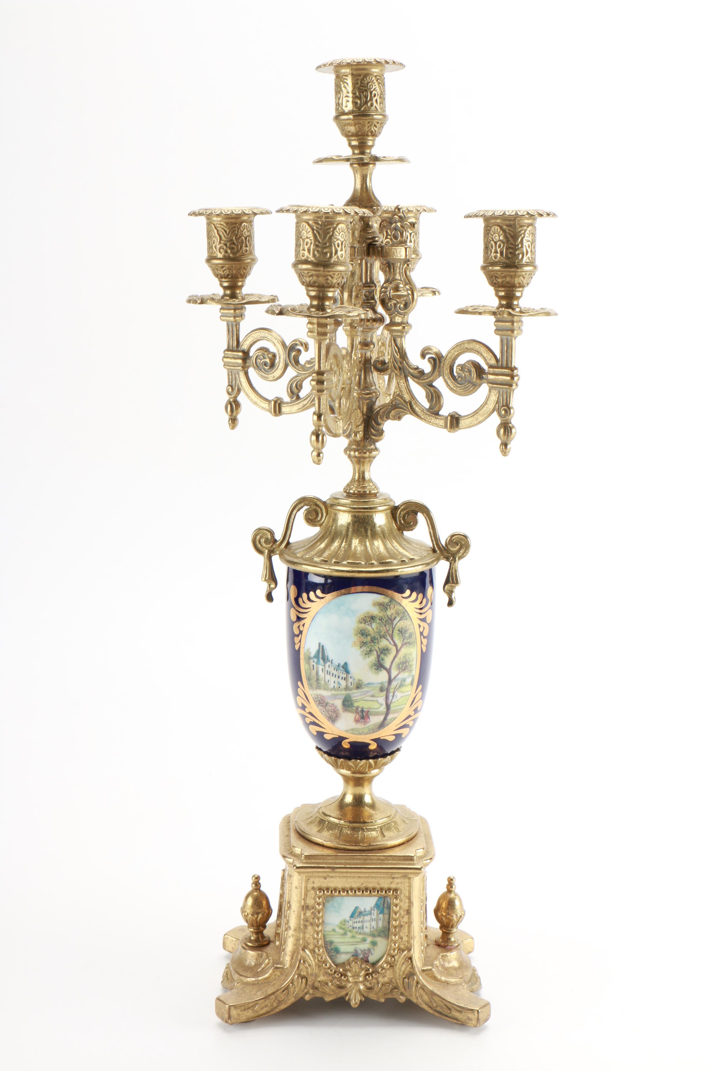 Italian Brass and Porcelain Candelabras