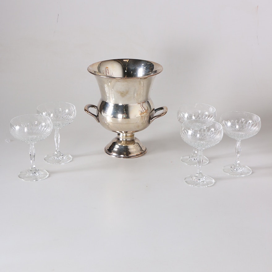 Leonard Silver Plate Ice Bucket With Champagne Coupes