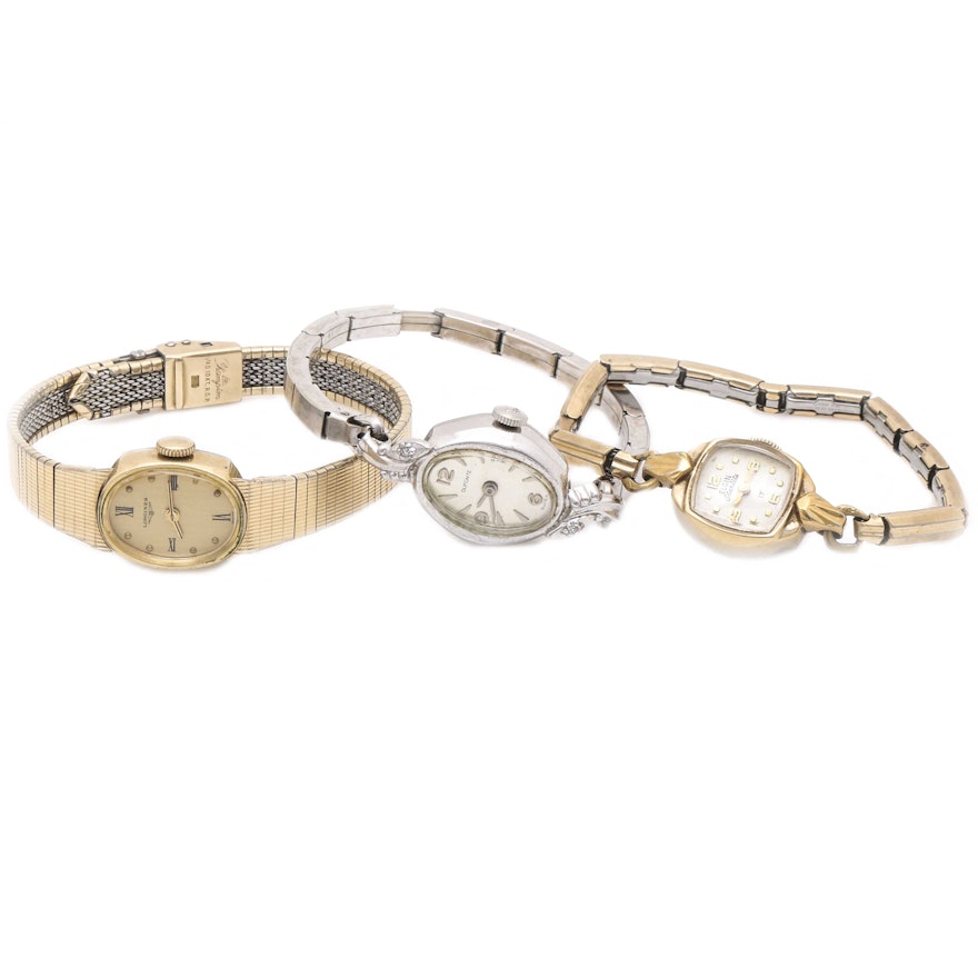 Assortment of 10K Rolled Gold Plated Diamond Wristwatches From Longines and Dufonte