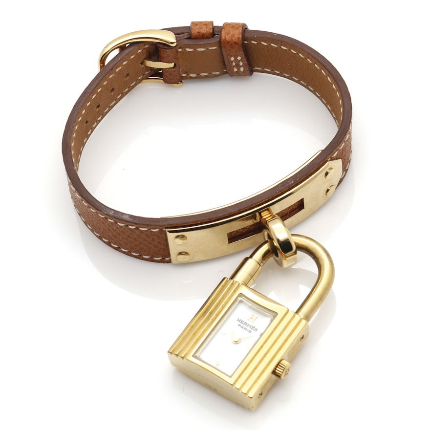 Hermès "Kelly Lock" Stainless Steel Wristwatch With Leather Strap