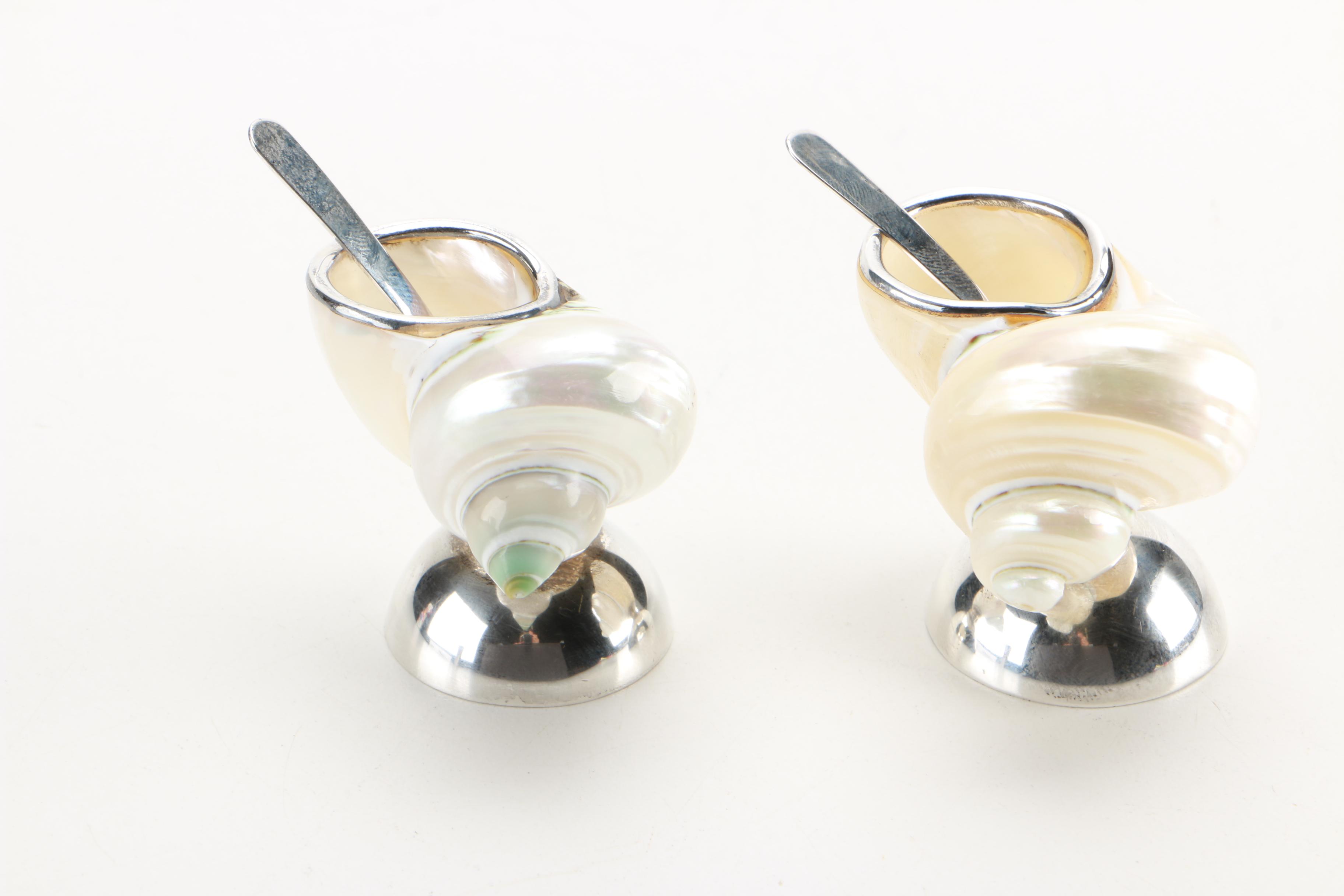 Weighted Sterling and Shell Salt Dishes With Salt Spoons