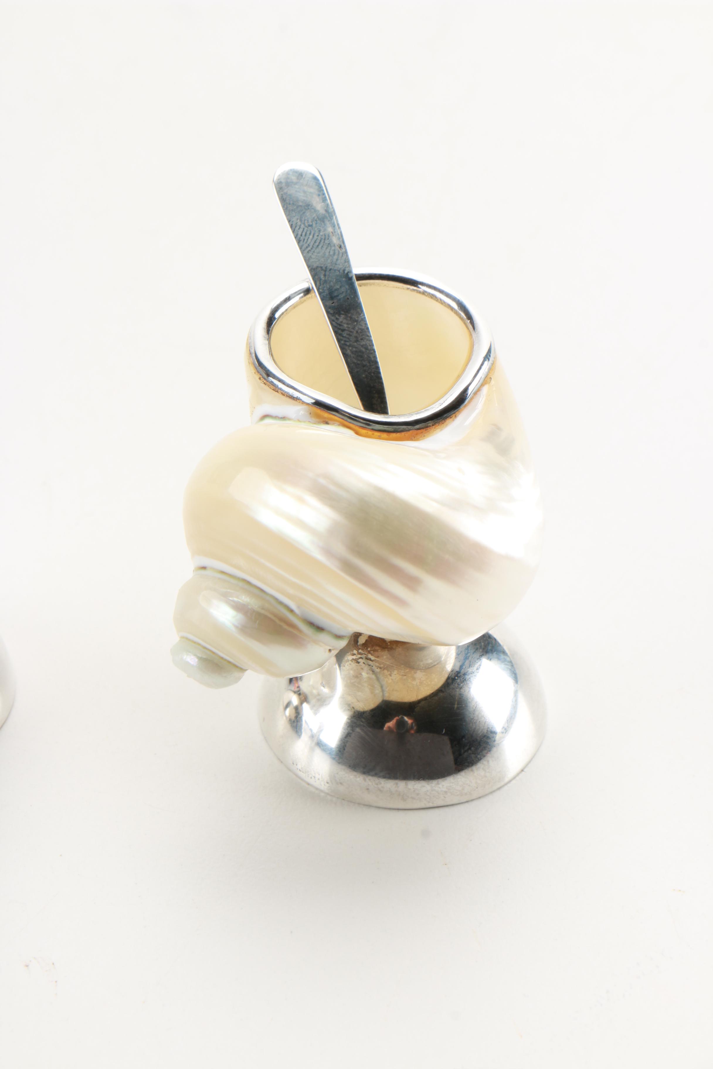 Weighted Sterling and Shell Salt Dishes With Salt Spoons