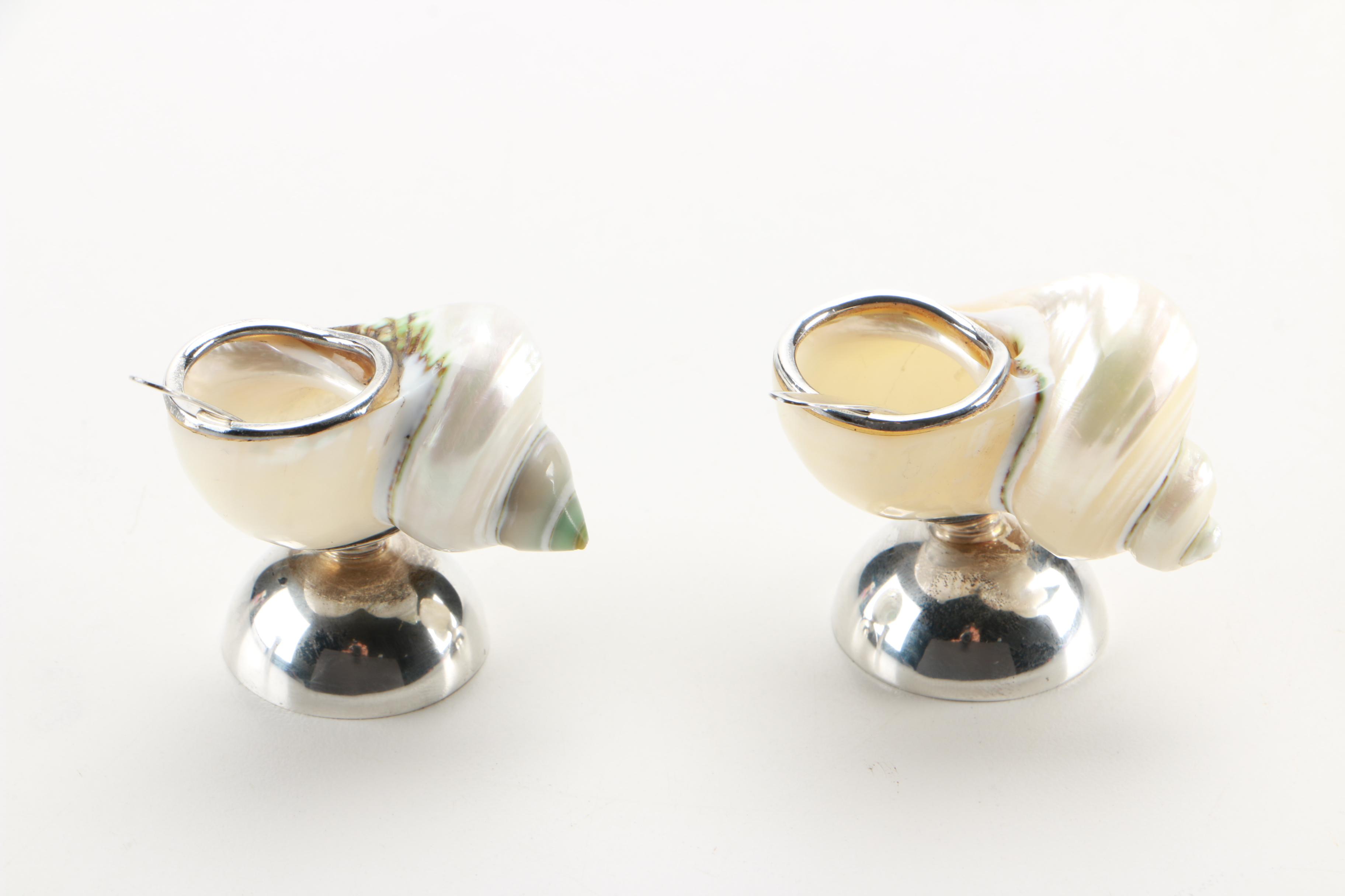 Weighted Sterling and Shell Salt Dishes With Salt Spoons