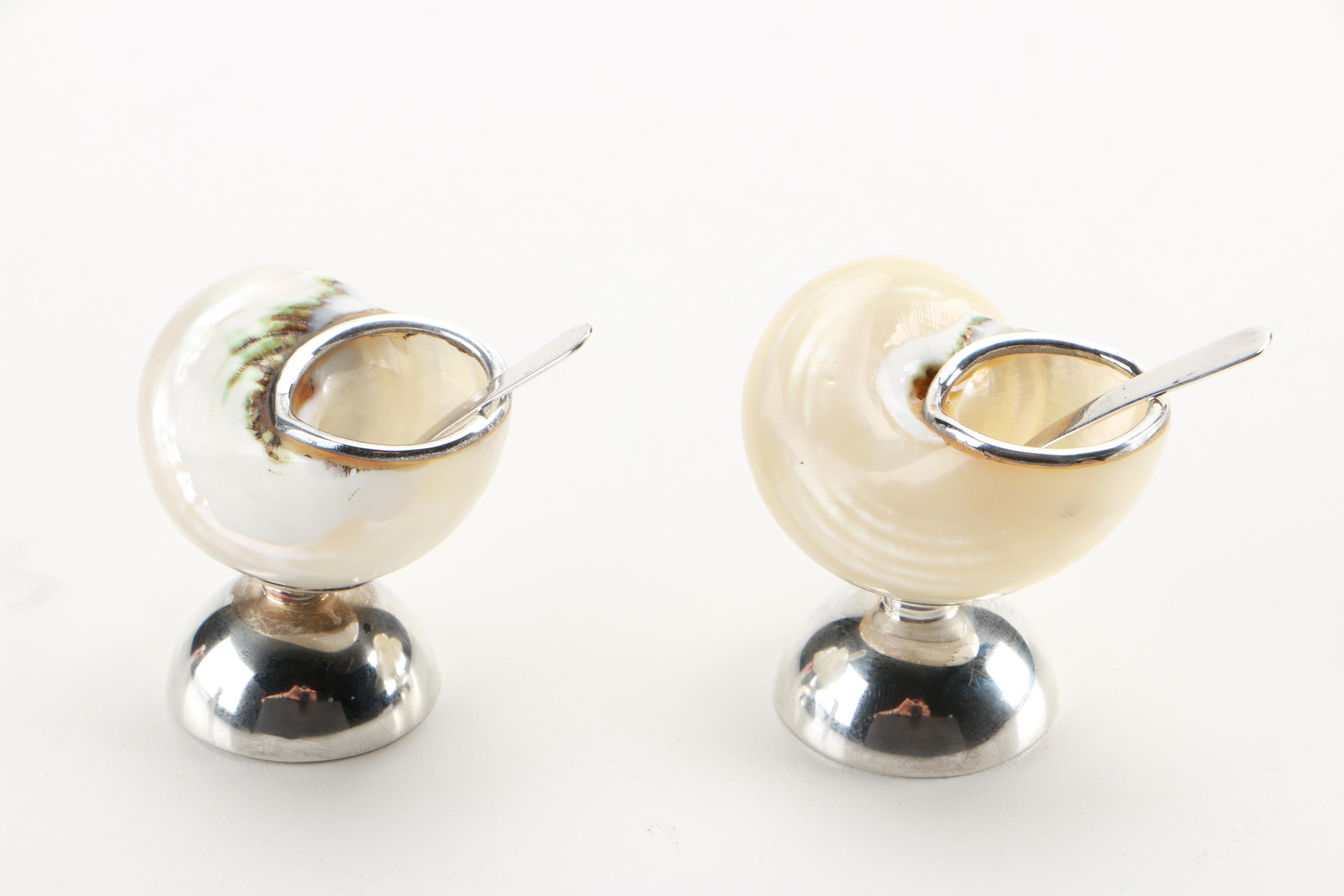 Weighted Sterling and Shell Salt Dishes With Salt Spoons