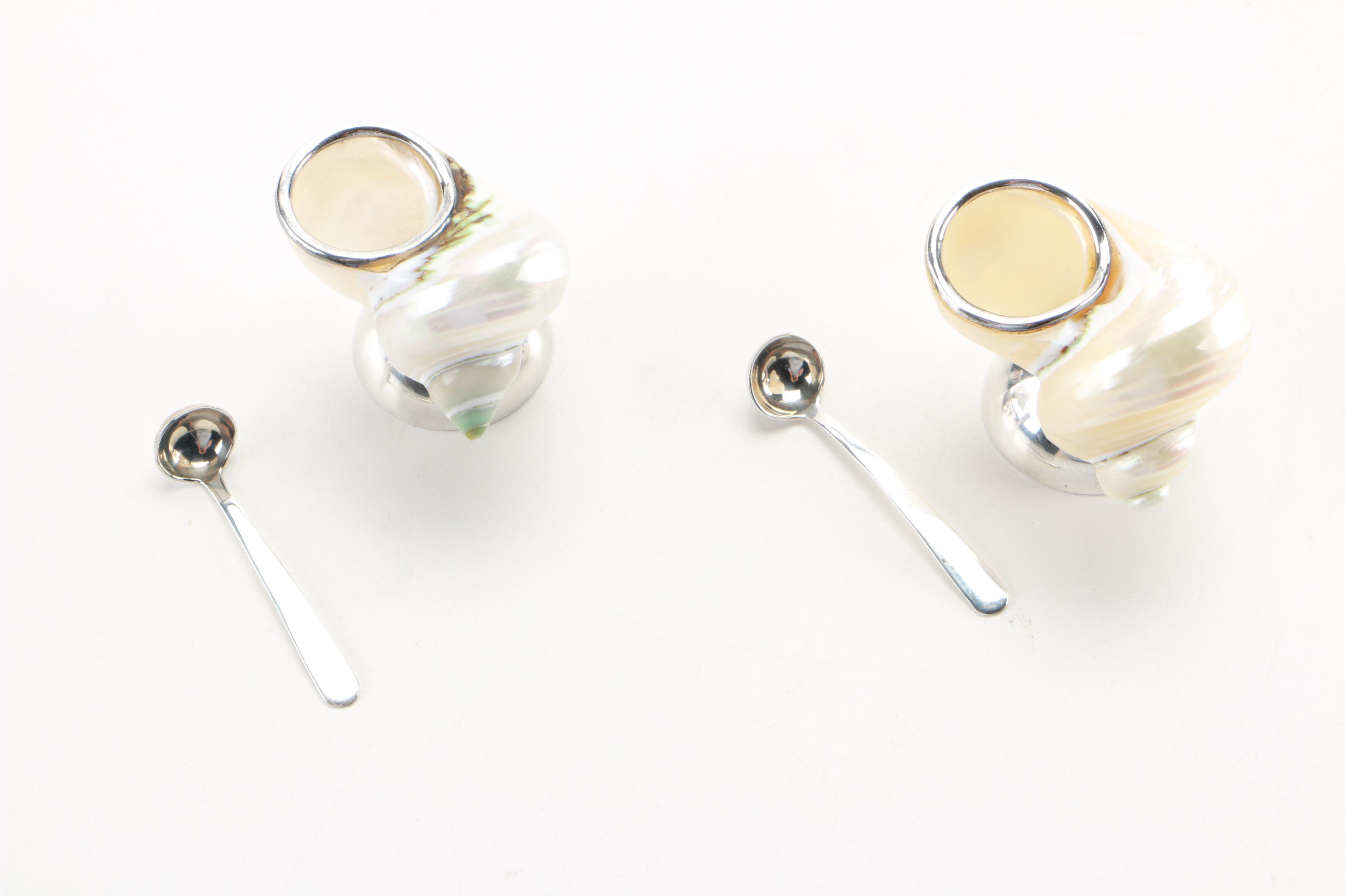 Weighted Sterling and Shell Salt Dishes With Salt Spoons