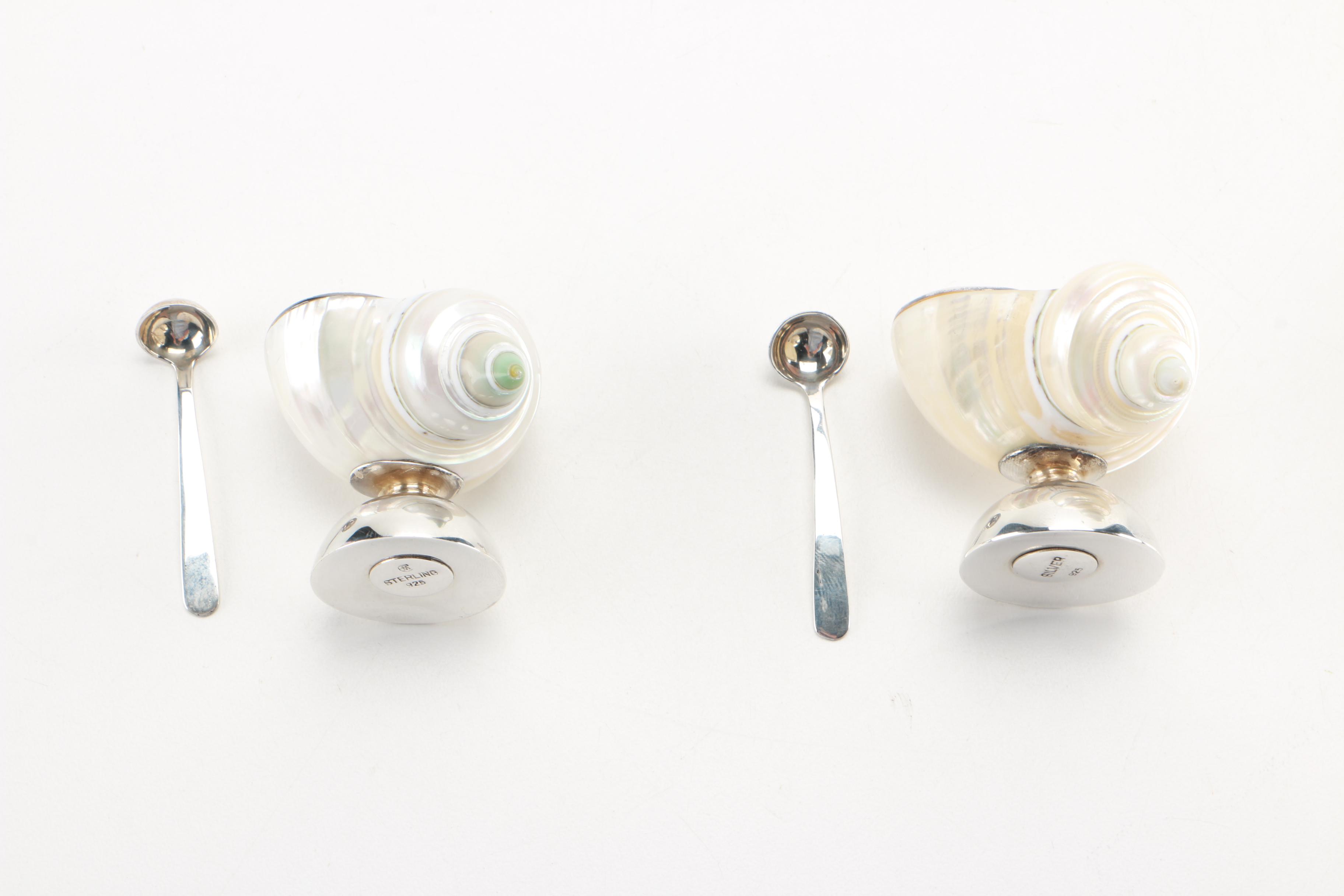 Weighted Sterling and Shell Salt Dishes With Salt Spoons